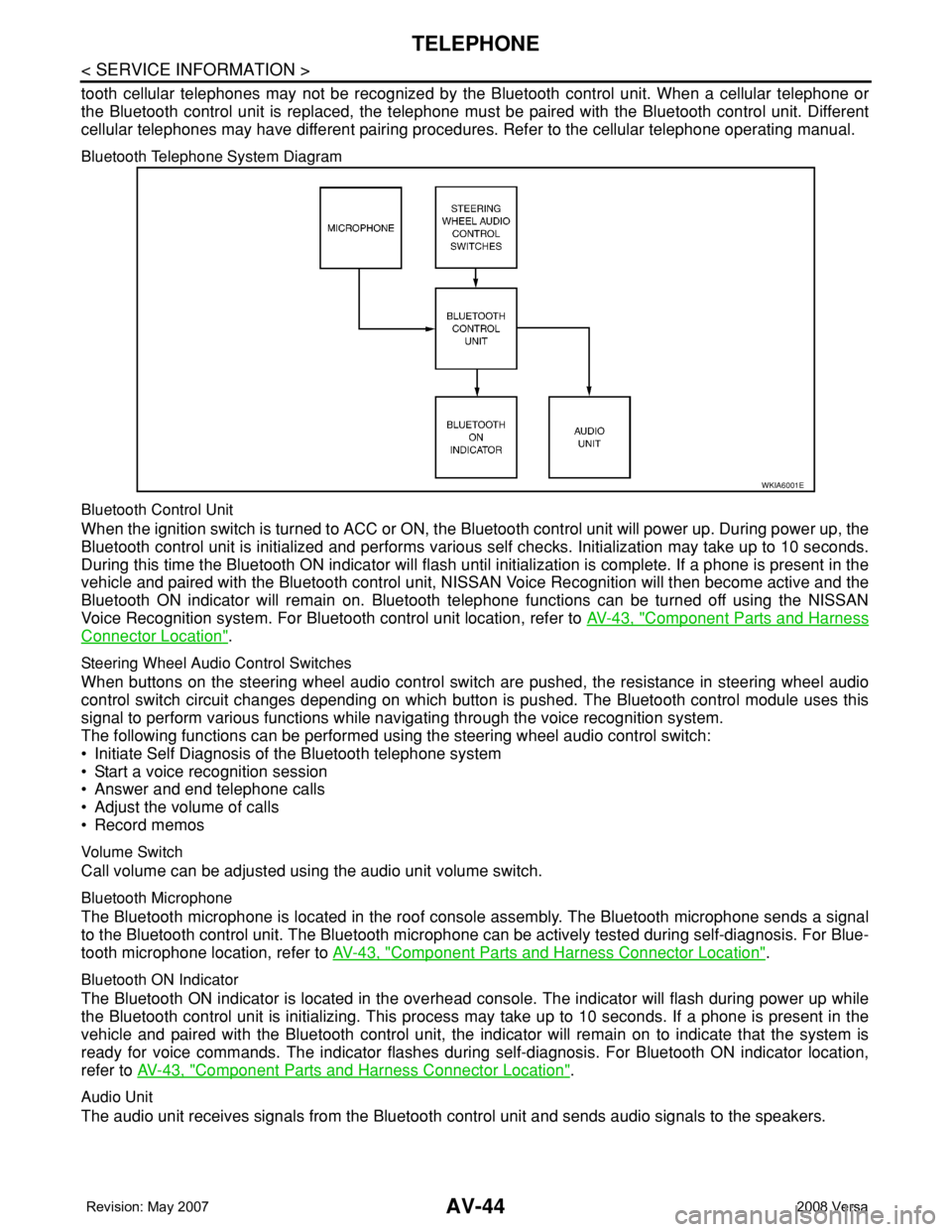 NISSAN TIIDA 2008  Service Repair Manual AV-44
< SERVICE INFORMATION >
TELEPHONE
tooth cellular telephones may not be recognized by the Bluetooth control unit. When a cellular telephone or
the Bluetooth control unit is replaced, the telephon