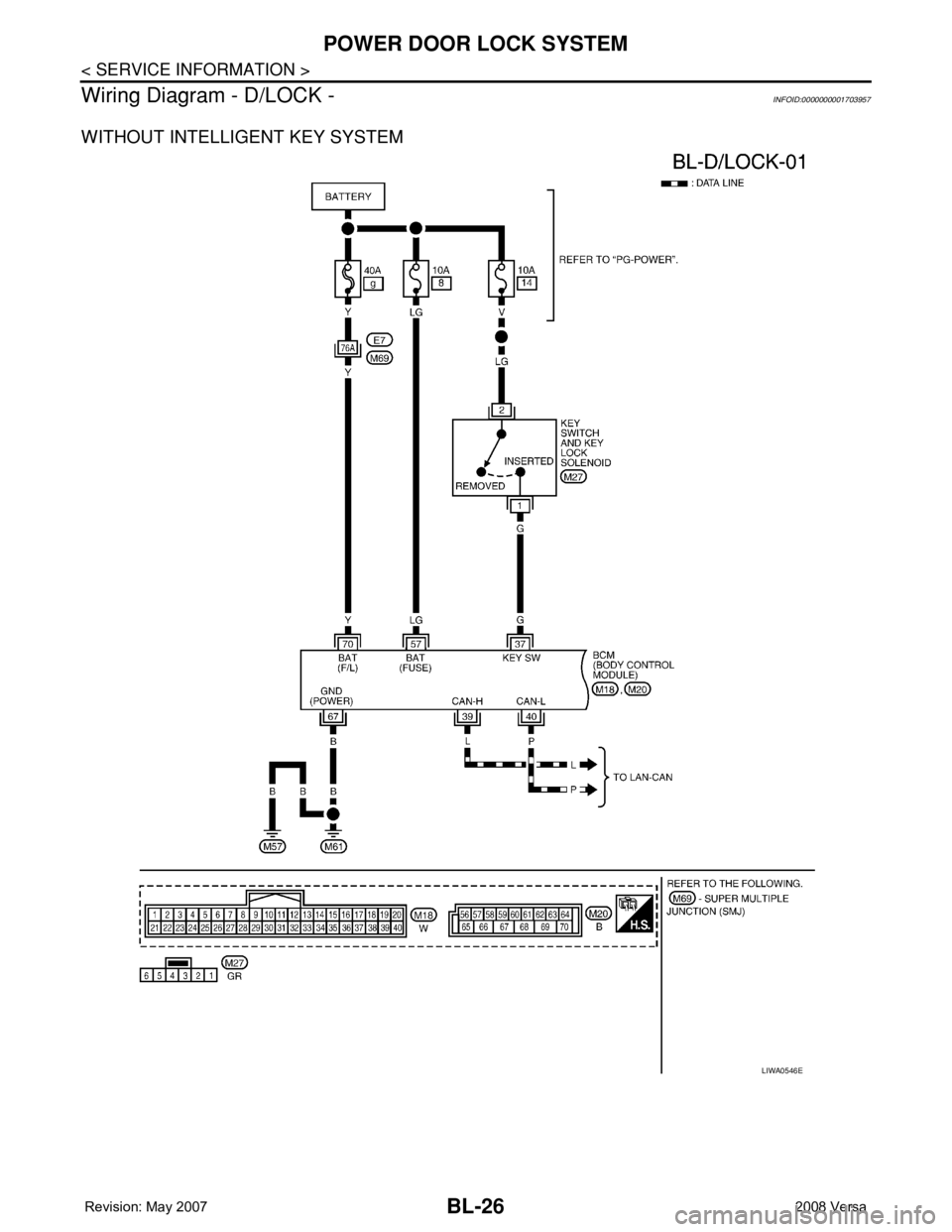 NISSAN TIIDA 2008  Service Repair Manual BL-26
< SERVICE INFORMATION >
POWER DOOR LOCK SYSTEM
Wiring Diagram - D/LOCK -
INFOID:0000000001703957
WITHOUT INTELLIGENT KEY SYSTEM
LIWA0546E 