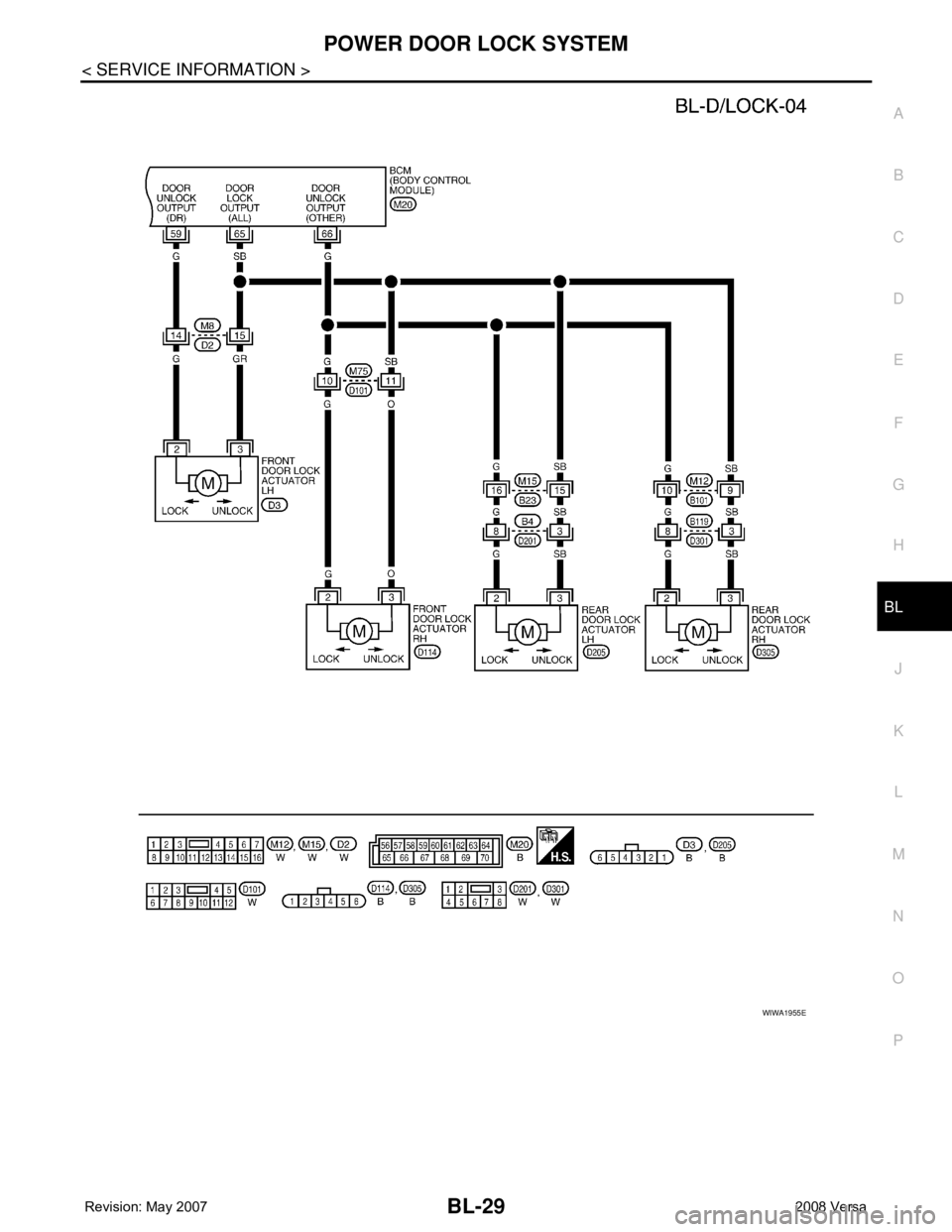 NISSAN TIIDA 2008  Service Repair Manual POWER DOOR LOCK SYSTEM
BL-29
< SERVICE INFORMATION >
C
D
E
F
G
H
J
K
L
MA
B
BL
N
O
P
WIWA1955E 