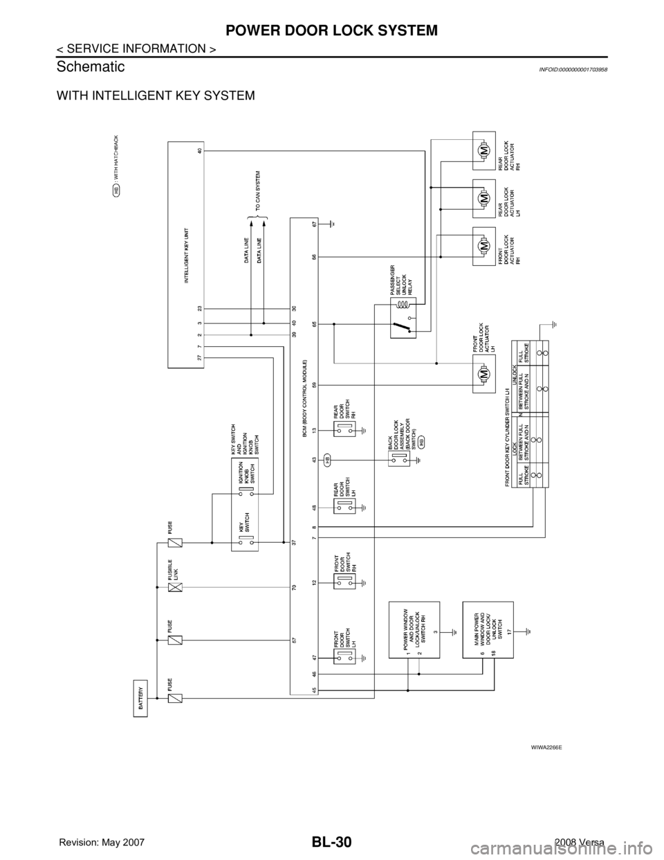 NISSAN TIIDA 2008  Service Repair Manual BL-30
< SERVICE INFORMATION >
POWER DOOR LOCK SYSTEM
Schematic
INFOID:0000000001703958
WITH INTELLIGENT KEY SYSTEM
WIWA2266E 