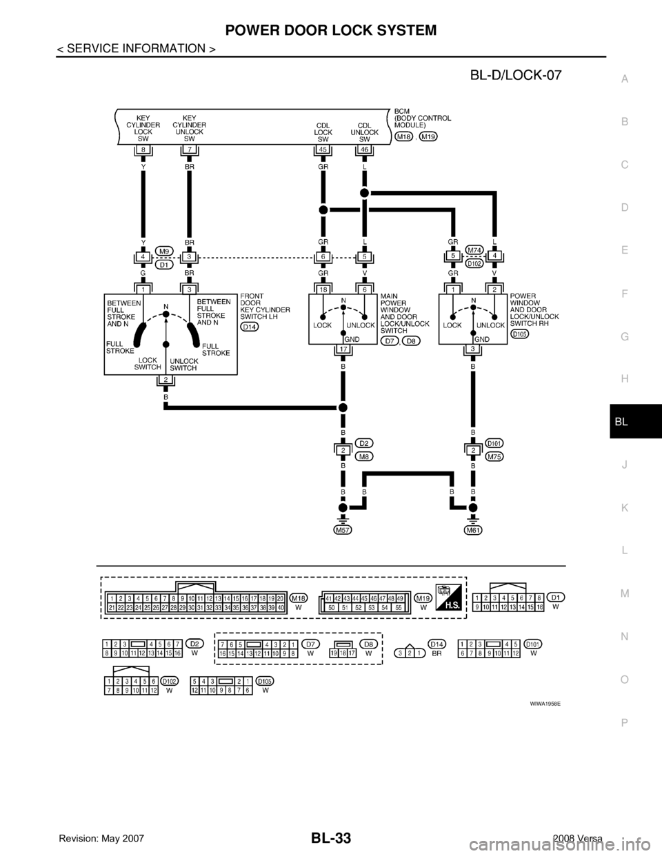 NISSAN TIIDA 2008  Service Repair Manual POWER DOOR LOCK SYSTEM
BL-33
< SERVICE INFORMATION >
C
D
E
F
G
H
J
K
L
MA
B
BL
N
O
P
WIWA1958E 