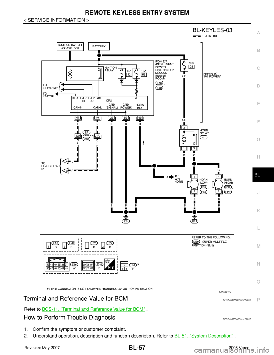 NISSAN TIIDA 2008 Service Repair Manual REMOTE KEYLESS ENTRY SYSTEM
BL-57
< SERVICE INFORMATION >
C
D
E
F
G
H
J
K
L
MA
B
BL
N
O
P
Terminal and Reference Value for BCMINFOID:0000000001703978
Refer to BCS-11, "Terminal and Reference Value NISSAN TIIDA 2008 Service Repair Manual REMOTE KEYLESS ENTRY SYSTEM
BL-57
< SERVICE INFORMATION >
C
D
E
F
G
H
J
K
L
MA
B
BL
N
O
P
Terminal and Reference Value for BCMINFOID:0000000001703978
Refer to BCS-11, "Terminal and Reference Value