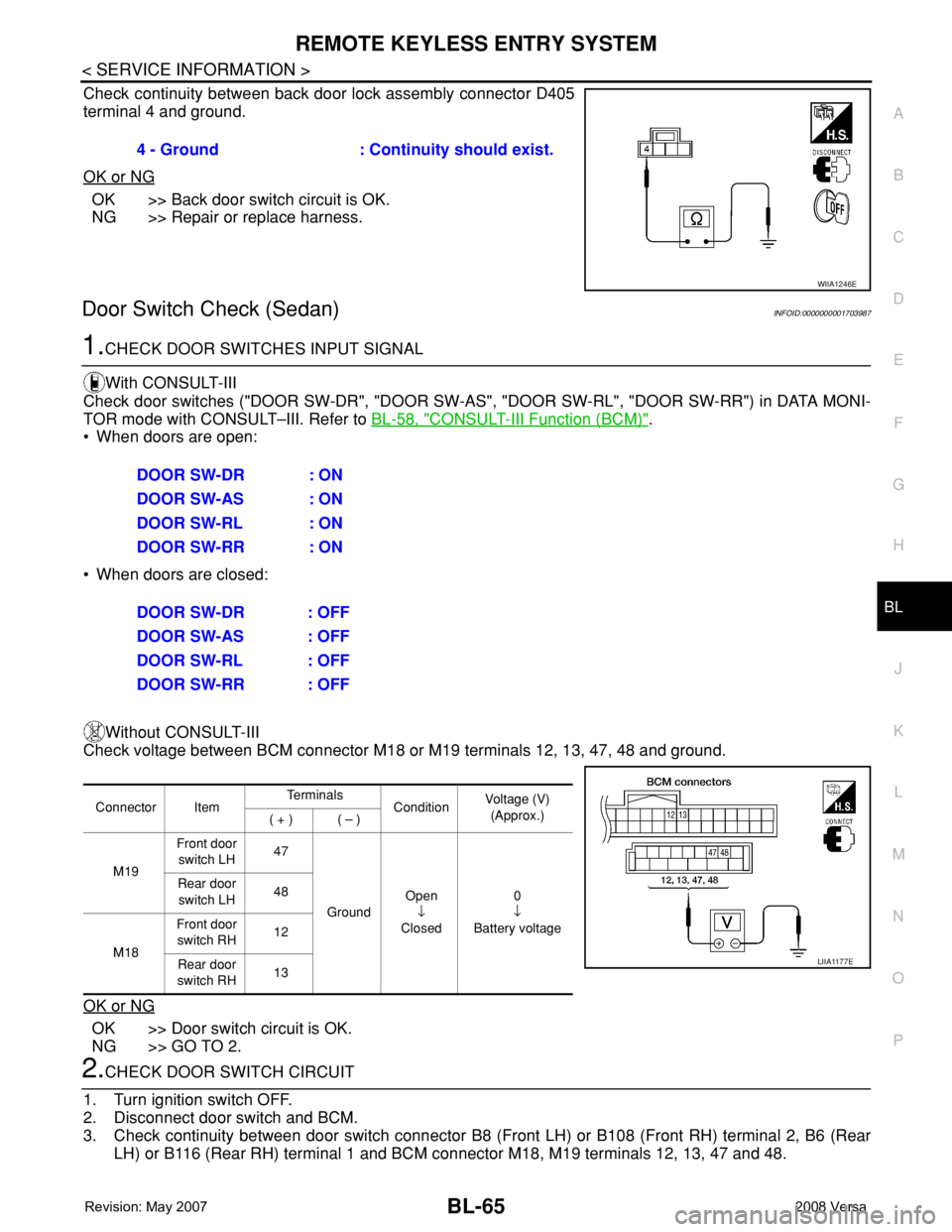 NISSAN TIIDA 2008 Service Repair Manual REMOTE KEYLESS ENTRY SYSTEM
BL-65
< SERVICE INFORMATION >
C
D
E
F
G
H
J
K
L
MA
B
BL
N
O
P
Check continuity between back door lock assembly connector D405
terminal 4 and ground.
OK or NG
OK >> Back doo NISSAN TIIDA 2008 Service Repair Manual REMOTE KEYLESS ENTRY SYSTEM
BL-65
< SERVICE INFORMATION >
C
D
E
F
G
H
J
K
L
MA
B
BL
N
O
P
Check continuity between back door lock assembly connector D405
terminal 4 and ground.
OK or NG
OK >> Back doo