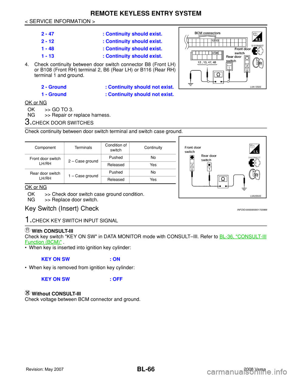 NISSAN TIIDA 2008 Service Repair Manual BL-66
< SERVICE INFORMATION >
REMOTE KEYLESS ENTRY SYSTEM
4. Check continuity between door switch connector B8 (Front LH)
or B108 (Front RH) terminal 2, B6 (Rear LH) or B116 (Rear RH)
terminal 1 and g NISSAN TIIDA 2008 Service Repair Manual BL-66
< SERVICE INFORMATION >
REMOTE KEYLESS ENTRY SYSTEM
4. Check continuity between door switch connector B8 (Front LH)
or B108 (Front RH) terminal 2, B6 (Rear LH) or B116 (Rear RH)
terminal 1 and g