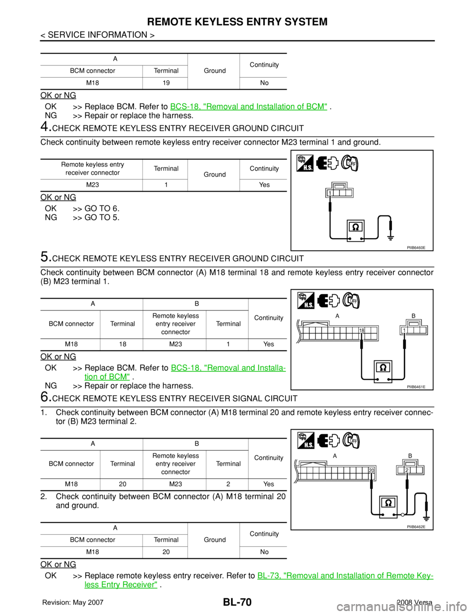 NISSAN TIIDA 2008 Service Repair Manual BL-70
< SERVICE INFORMATION >
REMOTE KEYLESS ENTRY SYSTEM
OK or NG
OK >> Replace BCM. Refer to BCS-18, "Removal and Installation of BCM" .
NG >> Repair or replace the harness.
4.CHECK REMOTE K NISSAN TIIDA 2008 Service Repair Manual BL-70
< SERVICE INFORMATION >
REMOTE KEYLESS ENTRY SYSTEM
OK or NG
OK >> Replace BCM. Refer to BCS-18, "Removal and Installation of BCM" .
NG >> Repair or replace the harness.
4.CHECK REMOTE K