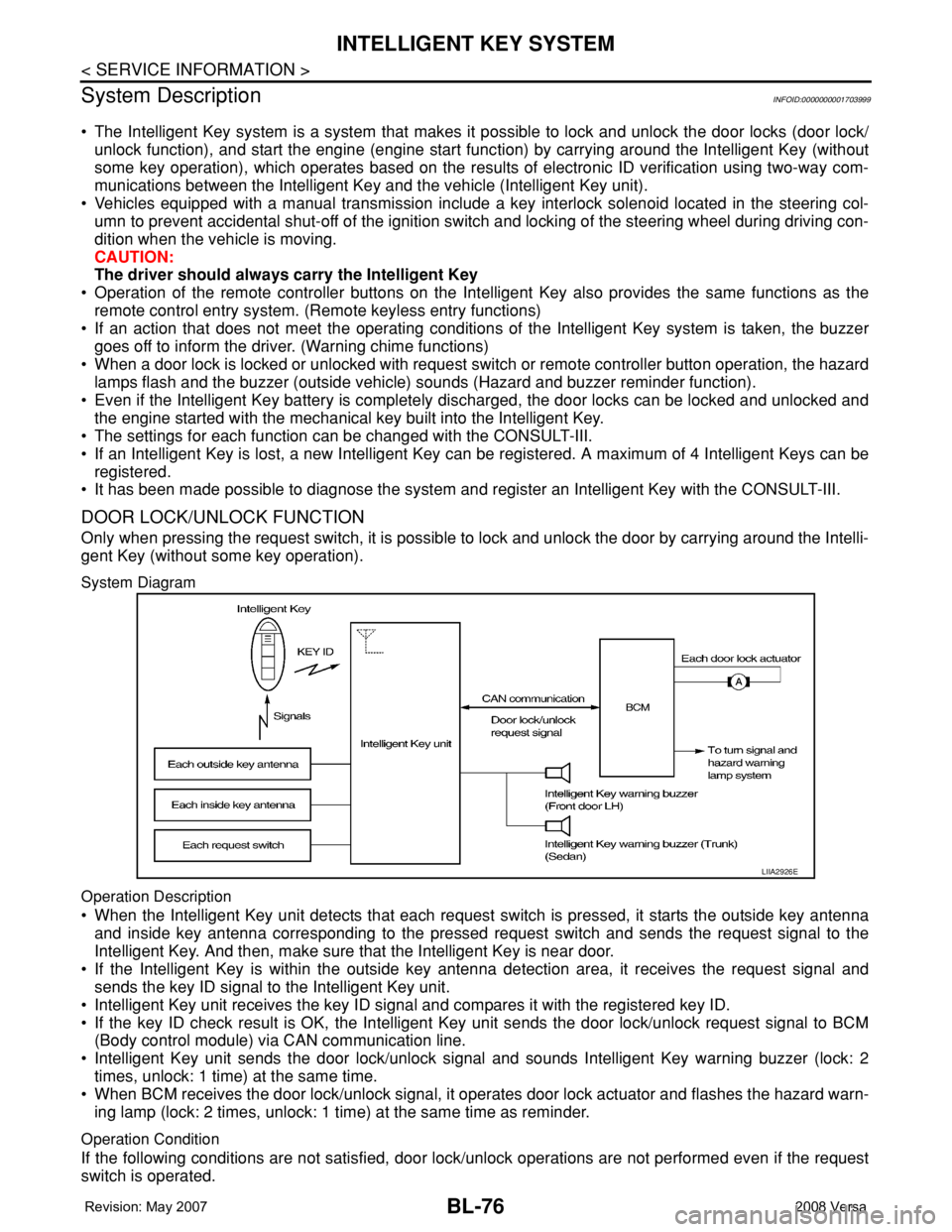 NISSAN TIIDA 2008 Service Owners Manual BL-76
< SERVICE INFORMATION >
INTELLIGENT KEY SYSTEM
System Description
INFOID:0000000001703999
• The Intelligent Key system is a system that makes it possible to lock and unlock the door locks (doo NISSAN TIIDA 2008 Service Owners Manual BL-76
< SERVICE INFORMATION >
INTELLIGENT KEY SYSTEM
System Description
INFOID:0000000001703999
• The Intelligent Key system is a system that makes it possible to lock and unlock the door locks (doo