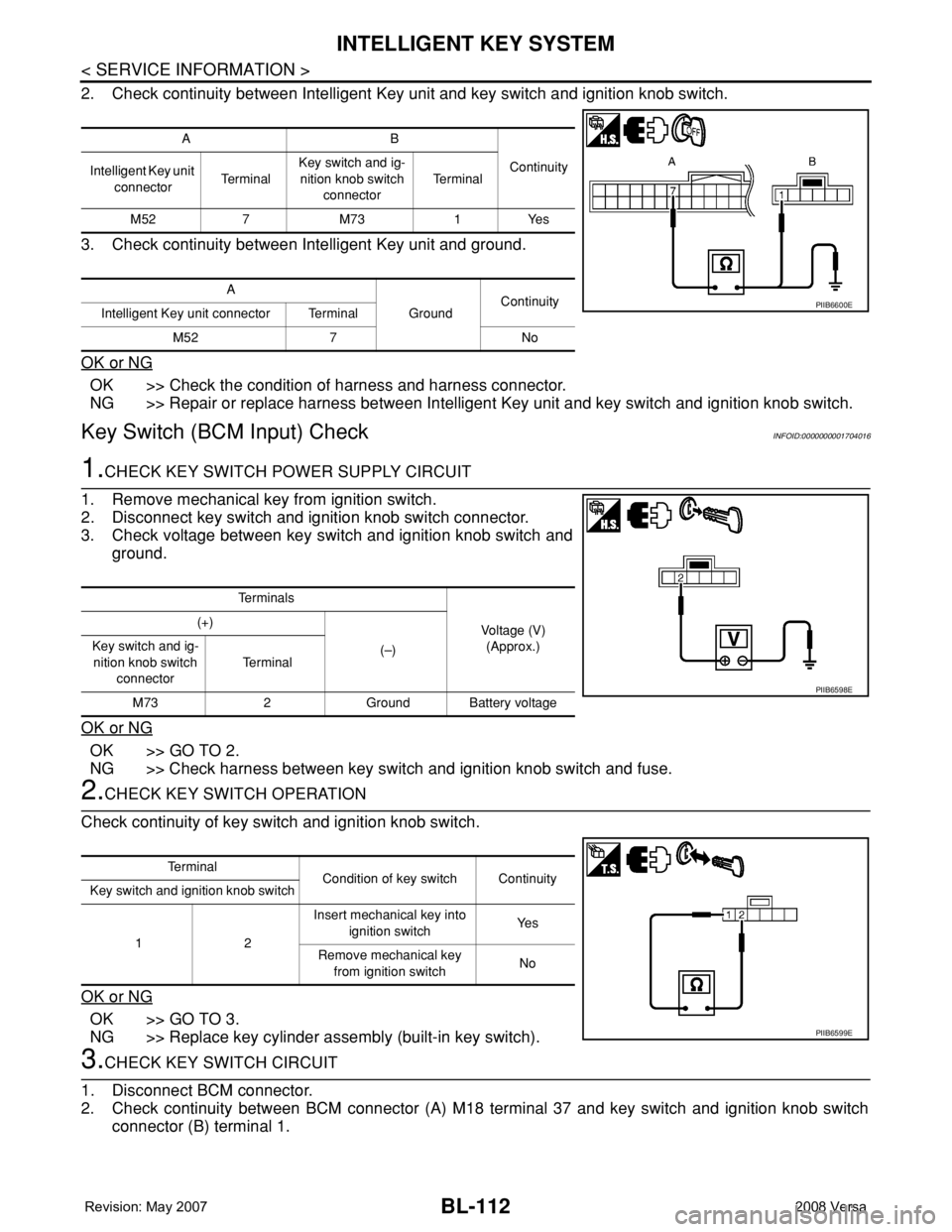 NISSAN TIIDA 2008 Service Repair Manual BL-112
< SERVICE INFORMATION >
INTELLIGENT KEY SYSTEM
2. Check continuity between Intelligent Key unit and key switch and ignition knob switch.
3. Check continuity between Intelligent Key unit and gro NISSAN TIIDA 2008 Service Repair Manual BL-112
< SERVICE INFORMATION >
INTELLIGENT KEY SYSTEM
2. Check continuity between Intelligent Key unit and key switch and ignition knob switch.
3. Check continuity between Intelligent Key unit and gro