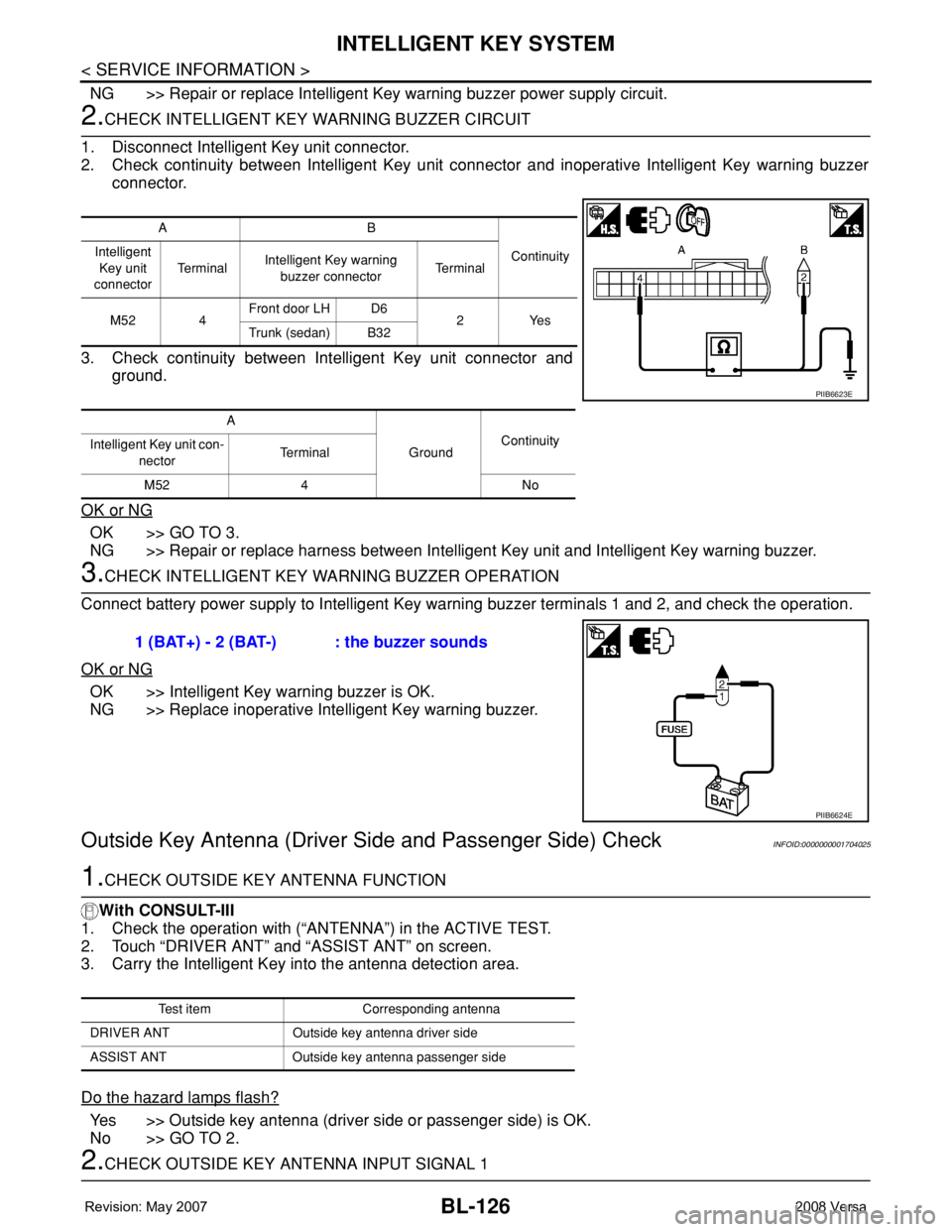 NISSAN TIIDA 2008 Service Repair Manual BL-126
< SERVICE INFORMATION >
INTELLIGENT KEY SYSTEM
NG >> Repair or replace Intelligent Key warning buzzer power supply circuit.
2.CHECK INTELLIGENT KEY WARNING BUZZER CIRCUIT
1. Disconnect Intellig NISSAN TIIDA 2008 Service Repair Manual BL-126
< SERVICE INFORMATION >
INTELLIGENT KEY SYSTEM
NG >> Repair or replace Intelligent Key warning buzzer power supply circuit.
2.CHECK INTELLIGENT KEY WARNING BUZZER CIRCUIT
1. Disconnect Intellig