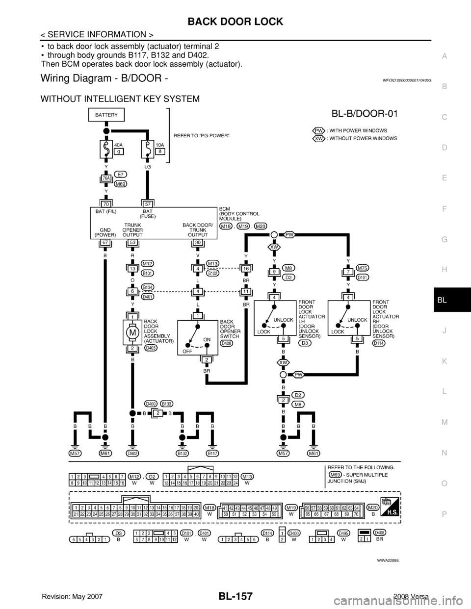 NISSAN TIIDA 2008 Service Repair Manual BACK DOOR LOCK
BL-157
< SERVICE INFORMATION >
C
D
E
F
G
H
J
K
L
MA
B
BL
N
O
P
• to back door lock assembly (actuator) terminal 2
• through body grounds B117, B132 and D402.
Then BCM operates back NISSAN TIIDA 2008 Service Repair Manual BACK DOOR LOCK
BL-157
< SERVICE INFORMATION >
C
D
E
F
G
H
J
K
L
MA
B
BL
N
O
P
• to back door lock assembly (actuator) terminal 2
• through body grounds B117, B132 and D402.
Then BCM operates back