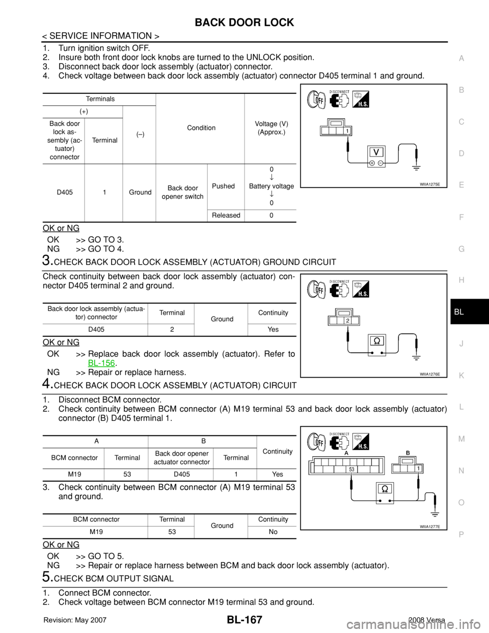 NISSAN TIIDA 2008 Service Repair Manual BACK DOOR LOCK
BL-167
< SERVICE INFORMATION >
C
D
E
F
G
H
J
K
L
MA
B
BL
N
O
P
1. Turn ignition switch OFF.
2. Insure both front door lock knobs are turned to the UNLOCK position.
3. Disconnect back do NISSAN TIIDA 2008 Service Repair Manual BACK DOOR LOCK
BL-167
< SERVICE INFORMATION >
C
D
E
F
G
H
J
K
L
MA
B
BL
N
O
P
1. Turn ignition switch OFF.
2. Insure both front door lock knobs are turned to the UNLOCK position.
3. Disconnect back do