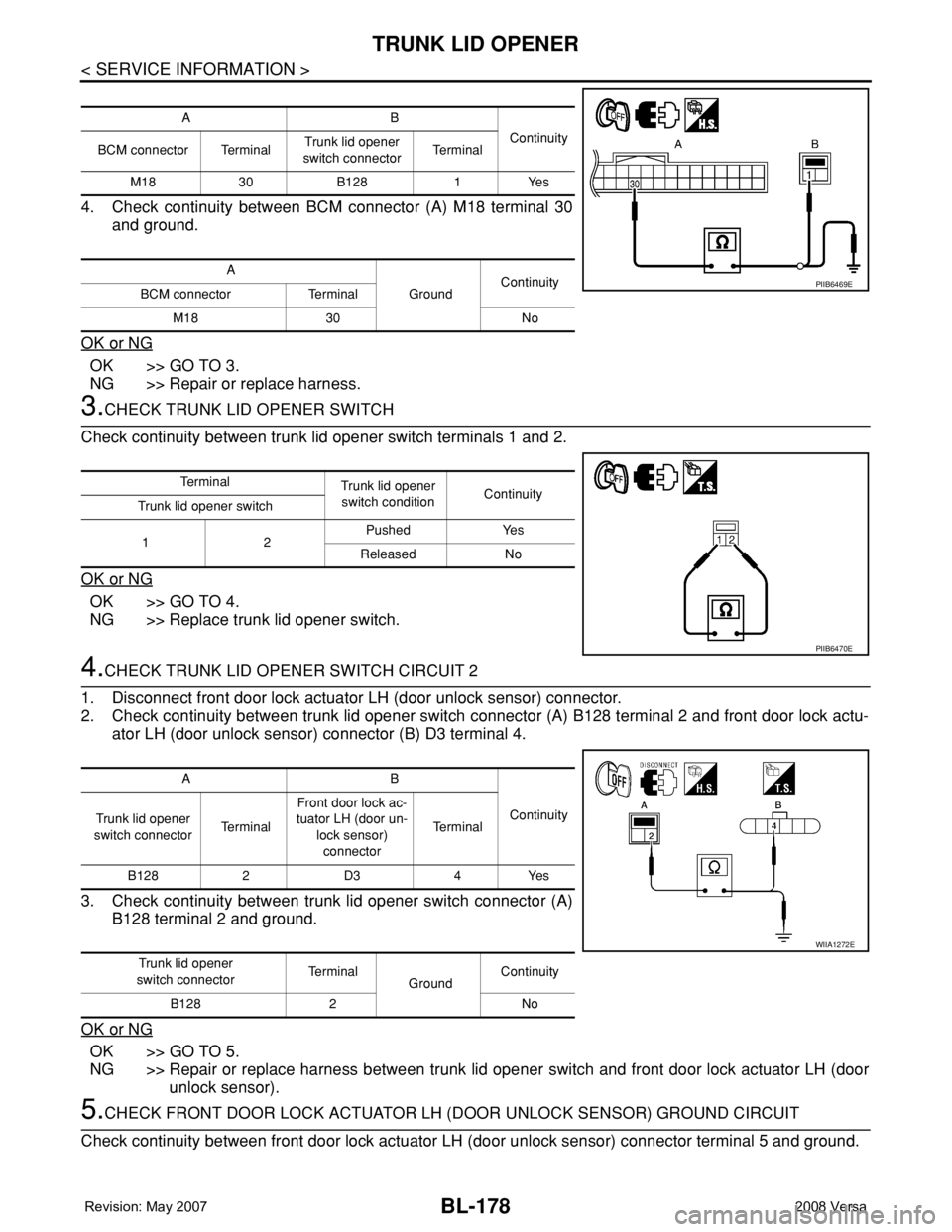 NISSAN TIIDA 2008 Service Repair Manual BL-178
< SERVICE INFORMATION >
TRUNK LID OPENER
4. Check continuity between BCM connector (A) M18 terminal 30
and ground.
OK or NG
OK >> GO TO 3.
NG >> Repair or replace harness.
3.CHECK TRUNK LID OPE NISSAN TIIDA 2008 Service Repair Manual BL-178
< SERVICE INFORMATION >
TRUNK LID OPENER
4. Check continuity between BCM connector (A) M18 terminal 30
and ground.
OK or NG
OK >> GO TO 3.
NG >> Repair or replace harness.
3.CHECK TRUNK LID OPE