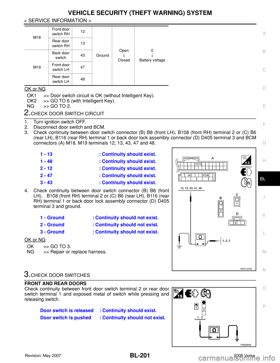 NISSAN TIIDA 2008 Service Repair Manual VEHICLE SECURITY (THEFT WARNING) SYSTEM
BL-201
< SERVICE INFORMATION >
C
D
E
F
G
H
J
K
L
MA
B
BL
N
O
P
OK or NG
OK1 >> Door switch circuit is OK (without Intelligent Key).
OK2 >> GO TO 6 (with Intelli NISSAN TIIDA 2008 Service Repair Manual VEHICLE SECURITY (THEFT WARNING) SYSTEM
BL-201
< SERVICE INFORMATION >
C
D
E
F
G
H
J
K
L
MA
B
BL
N
O
P
OK or NG
OK1 >> Door switch circuit is OK (without Intelligent Key).
OK2 >> GO TO 6 (with Intelli