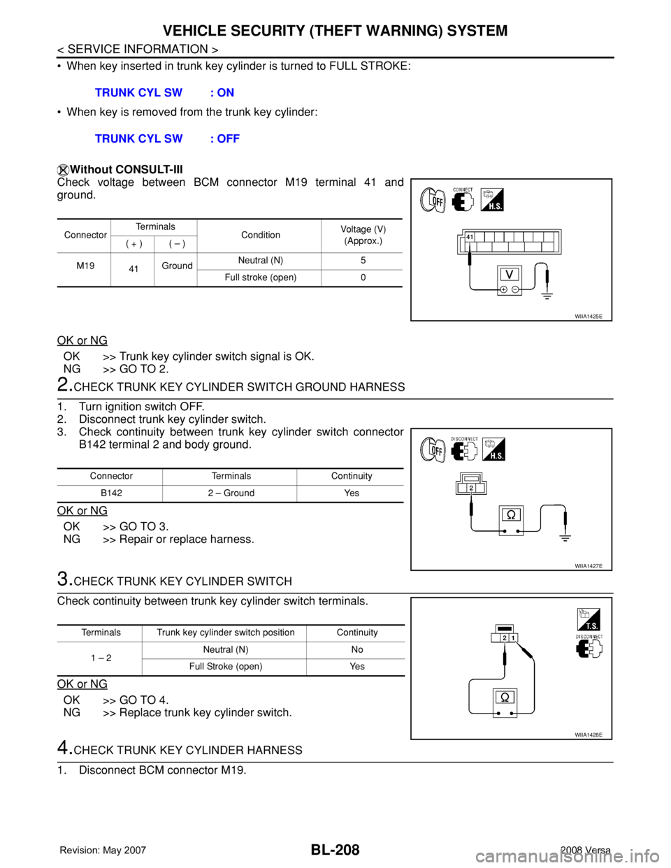 NISSAN TIIDA 2008 Service Repair Manual BL-208
< SERVICE INFORMATION >
VEHICLE SECURITY (THEFT WARNING) SYSTEM
• When key inserted in trunk key cylinder is turned to FULL STROKE:
• When key is removed from the trunk key cylinder:
Withou NISSAN TIIDA 2008 Service Repair Manual BL-208
< SERVICE INFORMATION >
VEHICLE SECURITY (THEFT WARNING) SYSTEM
• When key inserted in trunk key cylinder is turned to FULL STROKE:
• When key is removed from the trunk key cylinder:
Withou