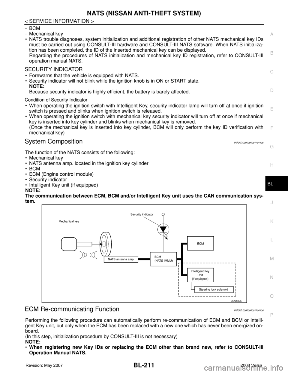 NISSAN TIIDA 2008 Service Owners Manual NATS (NISSAN ANTI-THEFT SYSTEM)
BL-211
< SERVICE INFORMATION >
C
D
E
F
G
H
J
K
L
MA
B
BL
N
O
P
-BCM
- Mechanical key
• NATS trouble diagnoses, system initialization and additional registration of ot NISSAN TIIDA 2008 Service Owners Manual NATS (NISSAN ANTI-THEFT SYSTEM)
BL-211
< SERVICE INFORMATION >
C
D
E
F
G
H
J
K
L
MA
B
BL
N
O
P
-BCM
- Mechanical key
• NATS trouble diagnoses, system initialization and additional registration of ot