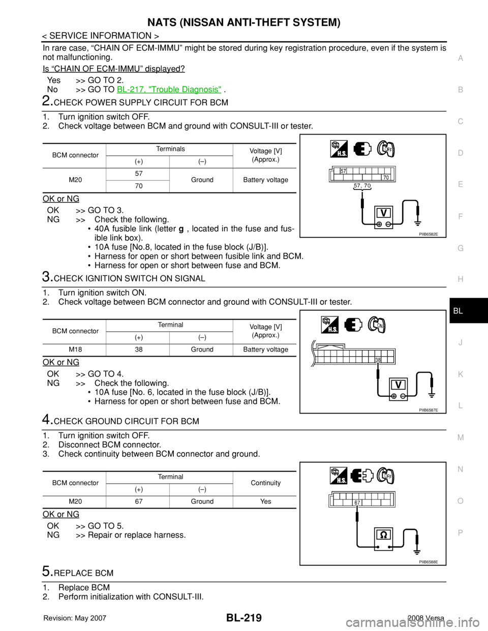 NISSAN TIIDA 2008  Service Repair Manual NATS (NISSAN ANTI-THEFT SYSTEM)
BL-219
< SERVICE INFORMATION >
C
D
E
F
G
H
J
K
L
MA
B
BL
N
O
P
In rare case, “CHAIN OF ECM-IMMU” might be stored during key registration procedure, even if the syst