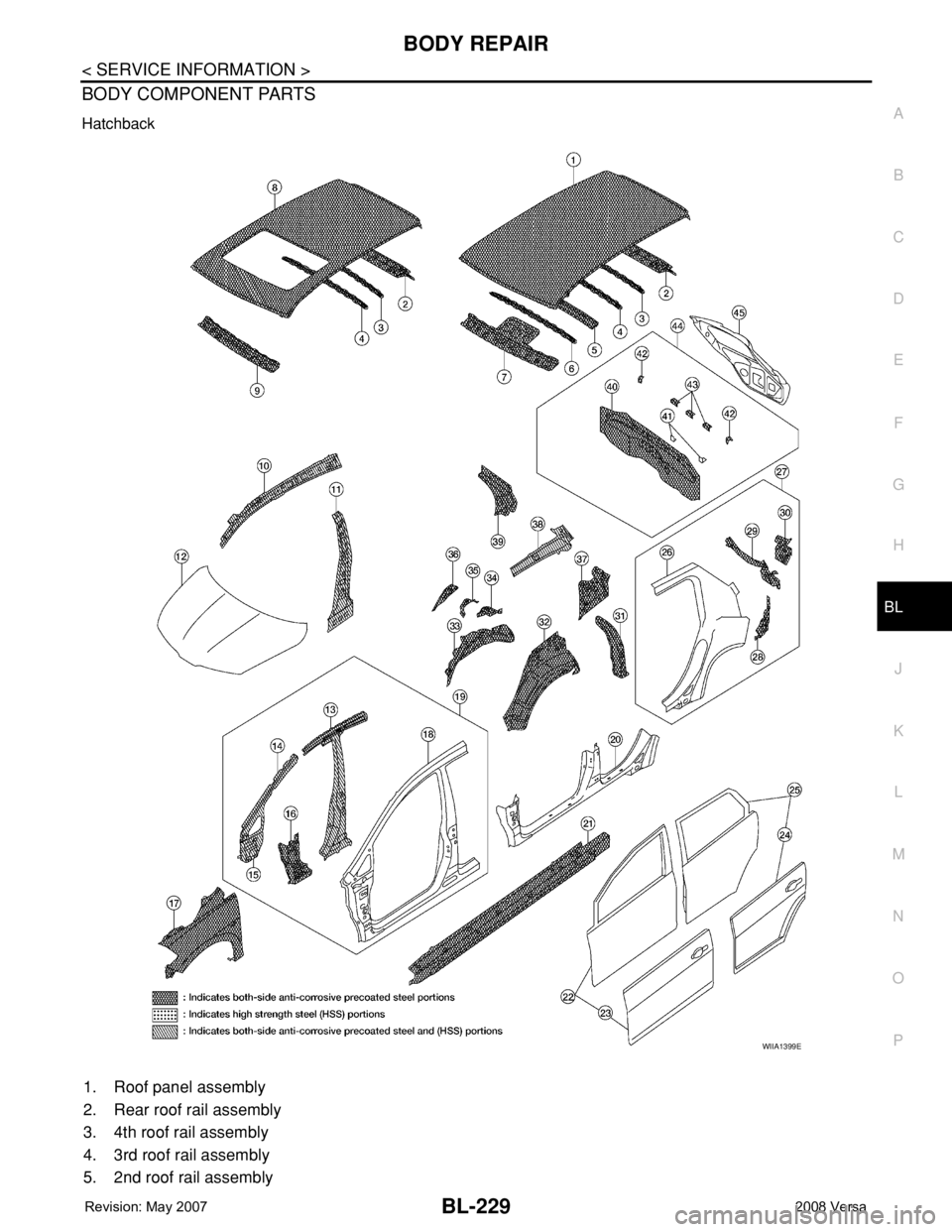 NISSAN TIIDA 2008 Service Repair Manual BODY REPAIR
BL-229
< SERVICE INFORMATION >
C
D
E
F
G
H
J
K
L
MA
B
BL
N
O
P
BODY COMPONENT PARTS
Hatchback
1. Roof panel assembly
2. Rear roof rail assembly
3. 4th roof rail assembly
4. 3rd roof rail NISSAN TIIDA 2008 Service Repair Manual BODY REPAIR
BL-229
< SERVICE INFORMATION >
C
D
E
F
G
H
J
K
L
MA
B
BL
N
O
P
BODY COMPONENT PARTS
Hatchback
1. Roof panel assembly
2. Rear roof rail assembly
3. 4th roof rail assembly
4. 3rd roof rail