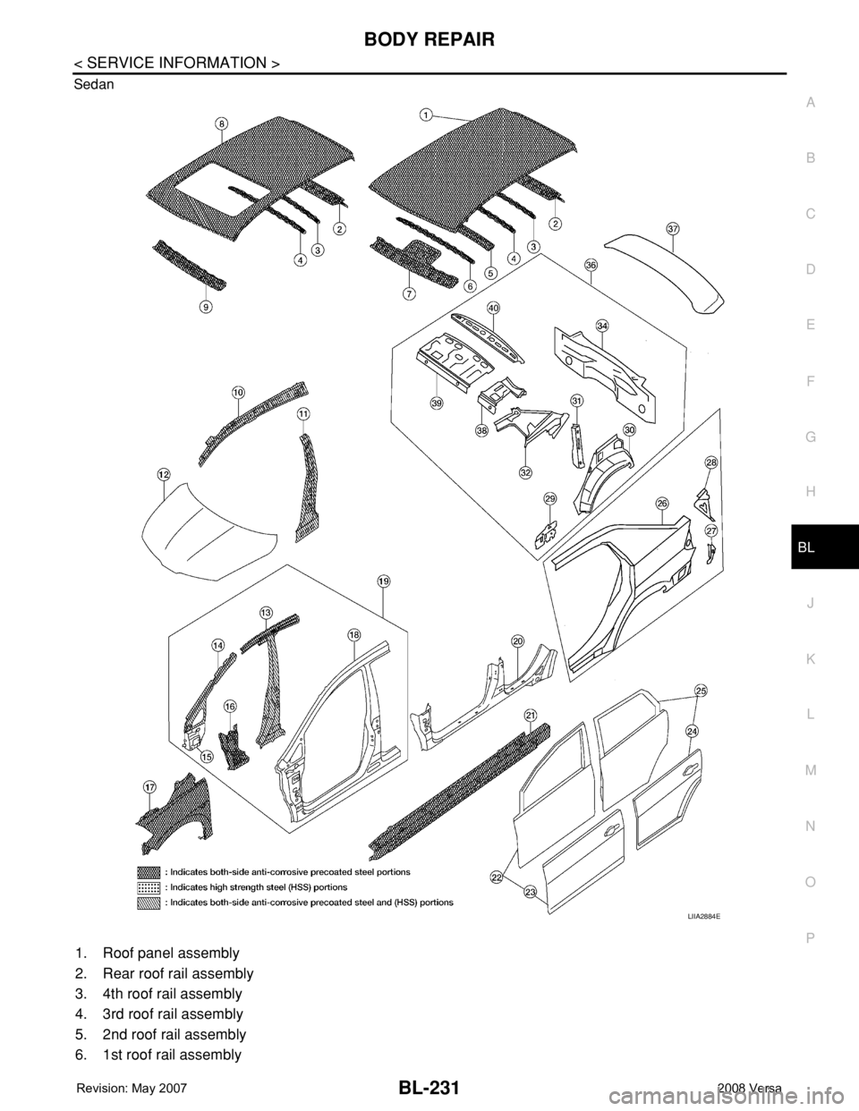 NISSAN TIIDA 2008 Service Repair Manual BODY REPAIR
BL-231
< SERVICE INFORMATION >
C
D
E
F
G
H
J
K
L
MA
B
BL
N
O
P Sedan
1. Roof panel assembly
2. Rear roof rail assembly
3. 4th roof rail assembly
4. 3rd roof rail assembly
5. 2nd roof rail NISSAN TIIDA 2008 Service Repair Manual BODY REPAIR
BL-231
< SERVICE INFORMATION >
C
D
E
F
G
H
J
K
L
MA
B
BL
N
O
P Sedan
1. Roof panel assembly
2. Rear roof rail assembly
3. 4th roof rail assembly
4. 3rd roof rail assembly
5. 2nd roof rail