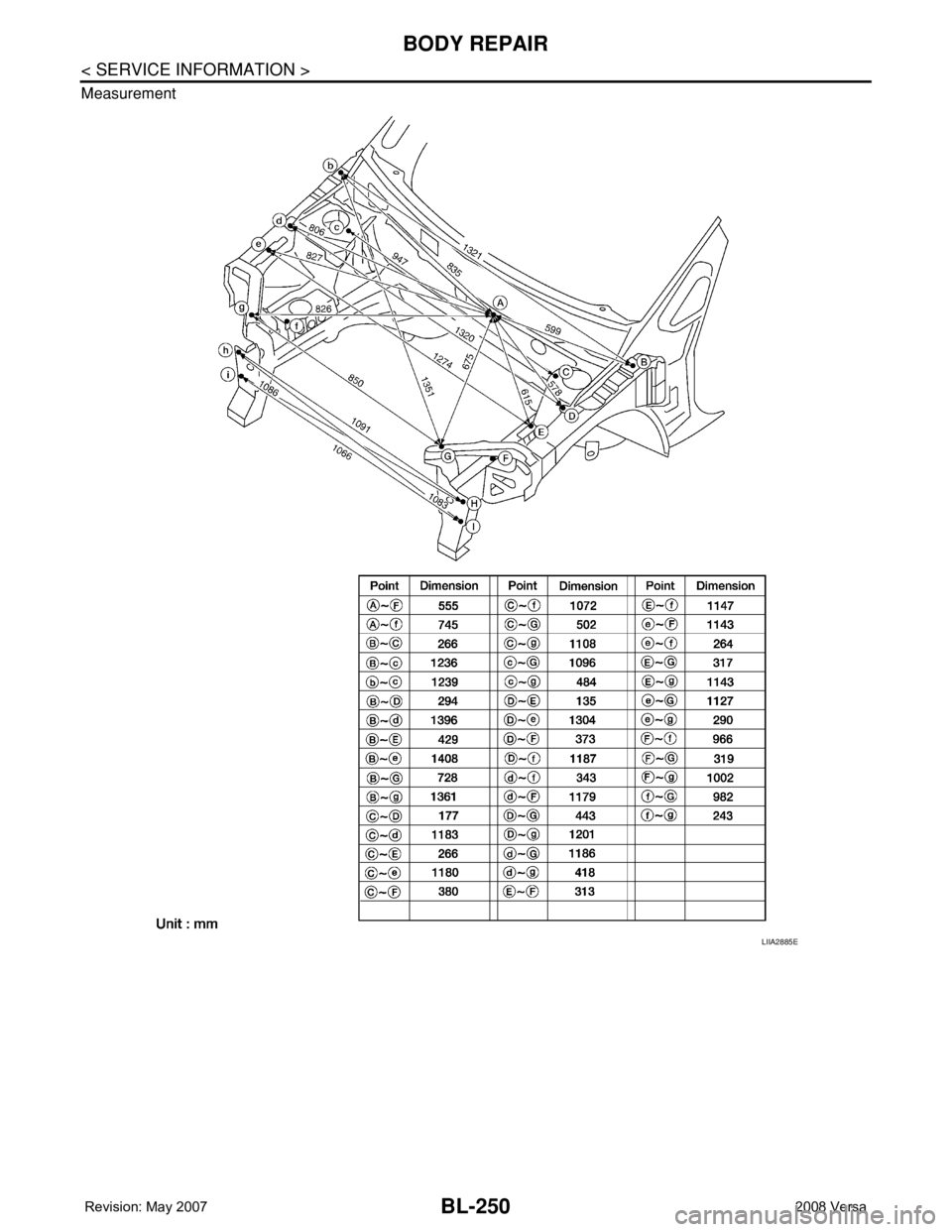 NISSAN TIIDA 2008 Service Repair Manual BL-250
< SERVICE INFORMATION >
BODY REPAIR
Measurement
LIIA2885E NISSAN TIIDA 2008 Service Repair Manual BL-250
< SERVICE INFORMATION >
BODY REPAIR
Measurement
LIIA2885E