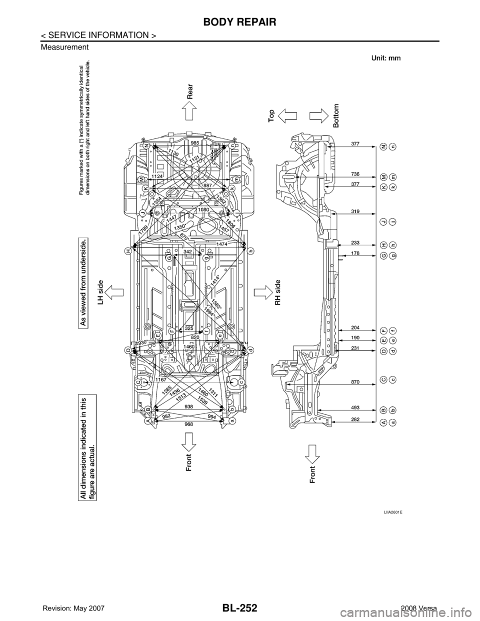 NISSAN TIIDA 2008 Service Repair Manual BL-252
< SERVICE INFORMATION >
BODY REPAIR
Measurement
LIIA2601E NISSAN TIIDA 2008 Service Repair Manual BL-252
< SERVICE INFORMATION >
BODY REPAIR
Measurement
LIIA2601E