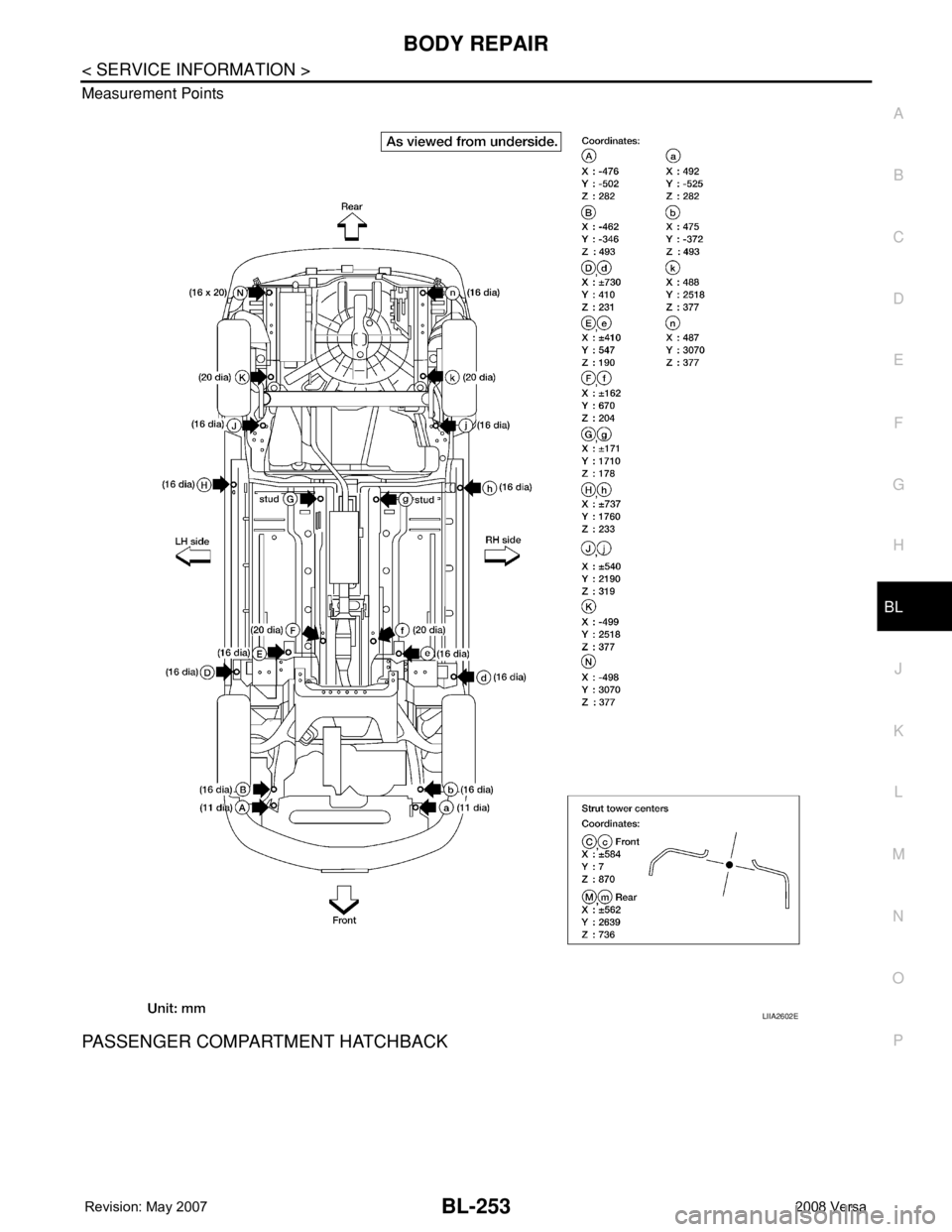 NISSAN TIIDA 2008 Service Repair Manual BODY REPAIR
BL-253
< SERVICE INFORMATION >
C
D
E
F
G
H
J
K
L
MA
B
BL
N
O
P Measurement Points
PASSENGER COMPARTMENT HATCHBACK
LIIA2602E NISSAN TIIDA 2008 Service Repair Manual BODY REPAIR
BL-253
< SERVICE INFORMATION >
C
D
E
F
G
H
J
K
L
MA
B
BL
N
O
P Measurement Points
PASSENGER COMPARTMENT HATCHBACK
LIIA2602E