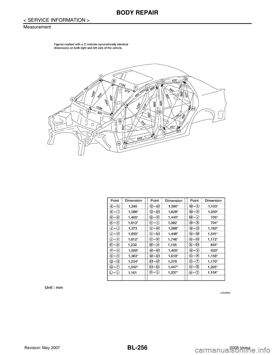 NISSAN TIIDA 2008 Service Repair Manual BL-256
< SERVICE INFORMATION >
BODY REPAIR
Measurement
LIIA2886E NISSAN TIIDA 2008 Service Repair Manual BL-256
< SERVICE INFORMATION >
BODY REPAIR
Measurement
LIIA2886E
