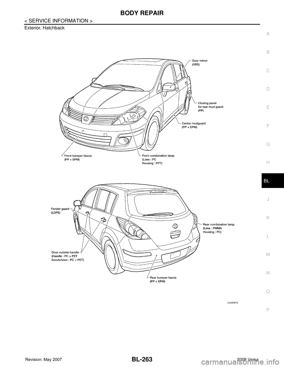 NISSAN TIIDA 2008  Service Repair Manual BODY REPAIR
BL-263
< SERVICE INFORMATION >
C
D
E
F
G
H
J
K
L
MA
B
BL
N
O
P Exterior, Hatchback
LIIA2587E 