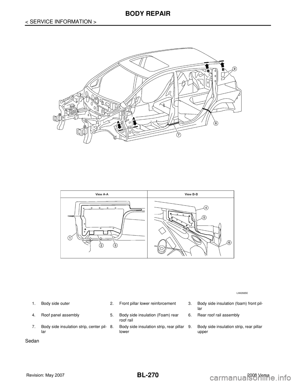NISSAN TIIDA 2008  Service Repair Manual BL-270
< SERVICE INFORMATION >
BODY REPAIR
Sedan
1. Body side outer 2. Front pillar lower reinforcement 3. Body side insulation (foam) front pil-
lar
4. Roof panel assembly 5. Body side insulation (Fo