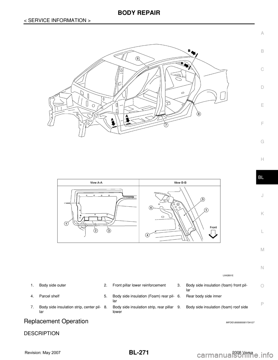 NISSAN TIIDA 2008  Service Repair Manual BODY REPAIR
BL-271
< SERVICE INFORMATION >
C
D
E
F
G
H
J
K
L
MA
B
BL
N
O
P
Replacement OperationINFOID:0000000001704127
DESCRIPTION
1. Body side outer 2. Front pillar lower reinforcement 3. Body side 