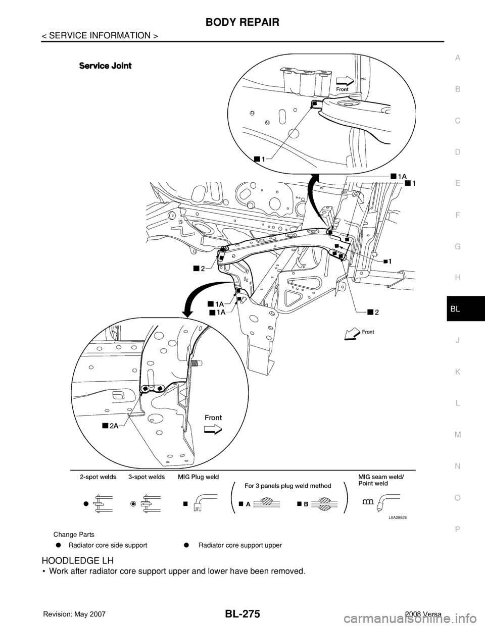 NISSAN TIIDA 2008  Service Repair Manual BODY REPAIR
BL-275
< SERVICE INFORMATION >
C
D
E
F
G
H
J
K
L
MA
B
BL
N
O
P
HOODLEDGE LH
• Work after radiator core support upper and lower have been removed.
Change Parts
●Radiator core side suppo