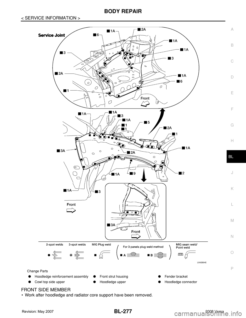 NISSAN TIIDA 2008 Service Repair Manual BODY REPAIR
BL-277
< SERVICE INFORMATION >
C
D
E
F
G
H
J
K
L
MA
B
BL
N
O
P
FRONT SIDE MEMBER
• Work after hoodledge and radiator core support have been removed.
Change Parts
●Hoodledge reinforceme NISSAN TIIDA 2008 Service Repair Manual BODY REPAIR
BL-277
< SERVICE INFORMATION >
C
D
E
F
G
H
J
K
L
MA
B
BL
N
O
P
FRONT SIDE MEMBER
• Work after hoodledge and radiator core support have been removed.
Change Parts
●Hoodledge reinforceme