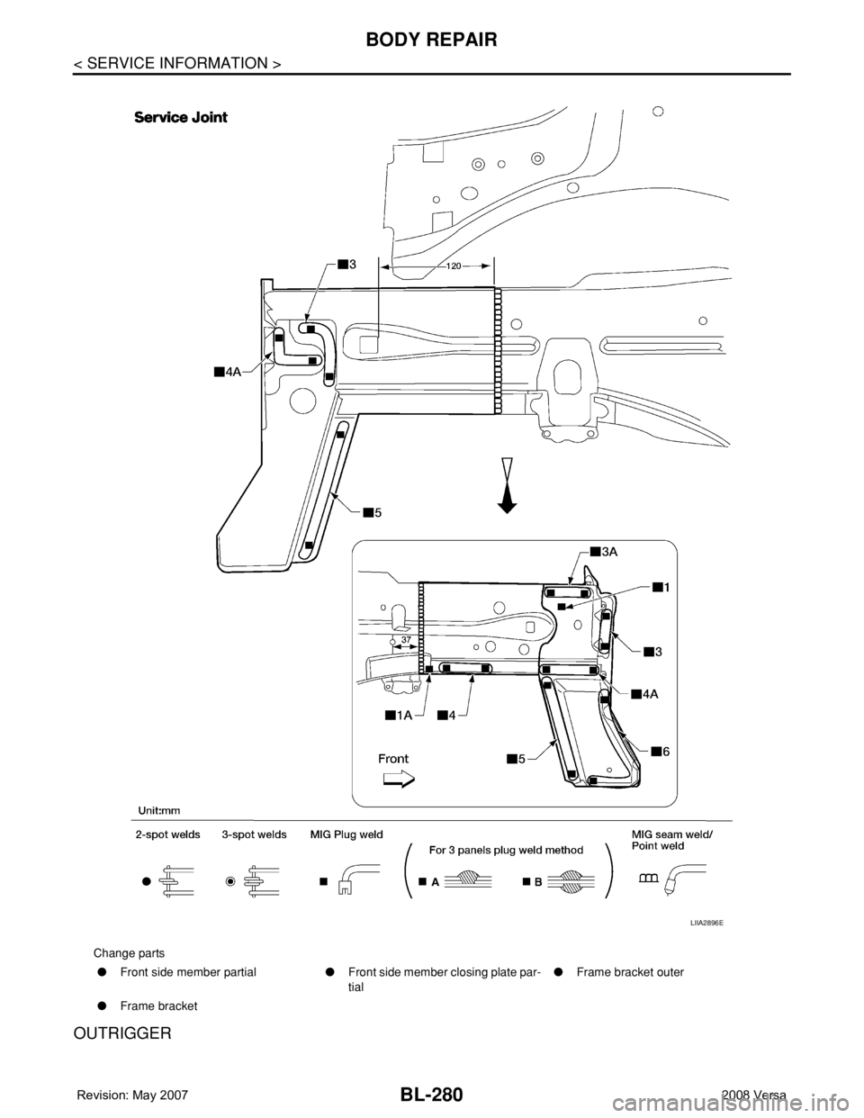 NISSAN TIIDA 2008 Service Repair Manual BL-280
< SERVICE INFORMATION >
BODY REPAIR
OUTRIGGER
Change parts
●Front side member partial●Front side member closing plate par-
tial●Frame bracket outer
●Frame bracket
LIIA2896E NISSAN TIIDA 2008 Service Repair Manual BL-280
< SERVICE INFORMATION >
BODY REPAIR
OUTRIGGER
Change parts
●Front side member partial●Front side member closing plate par-
tial●Frame bracket outer
●Frame bracket
LIIA2896E