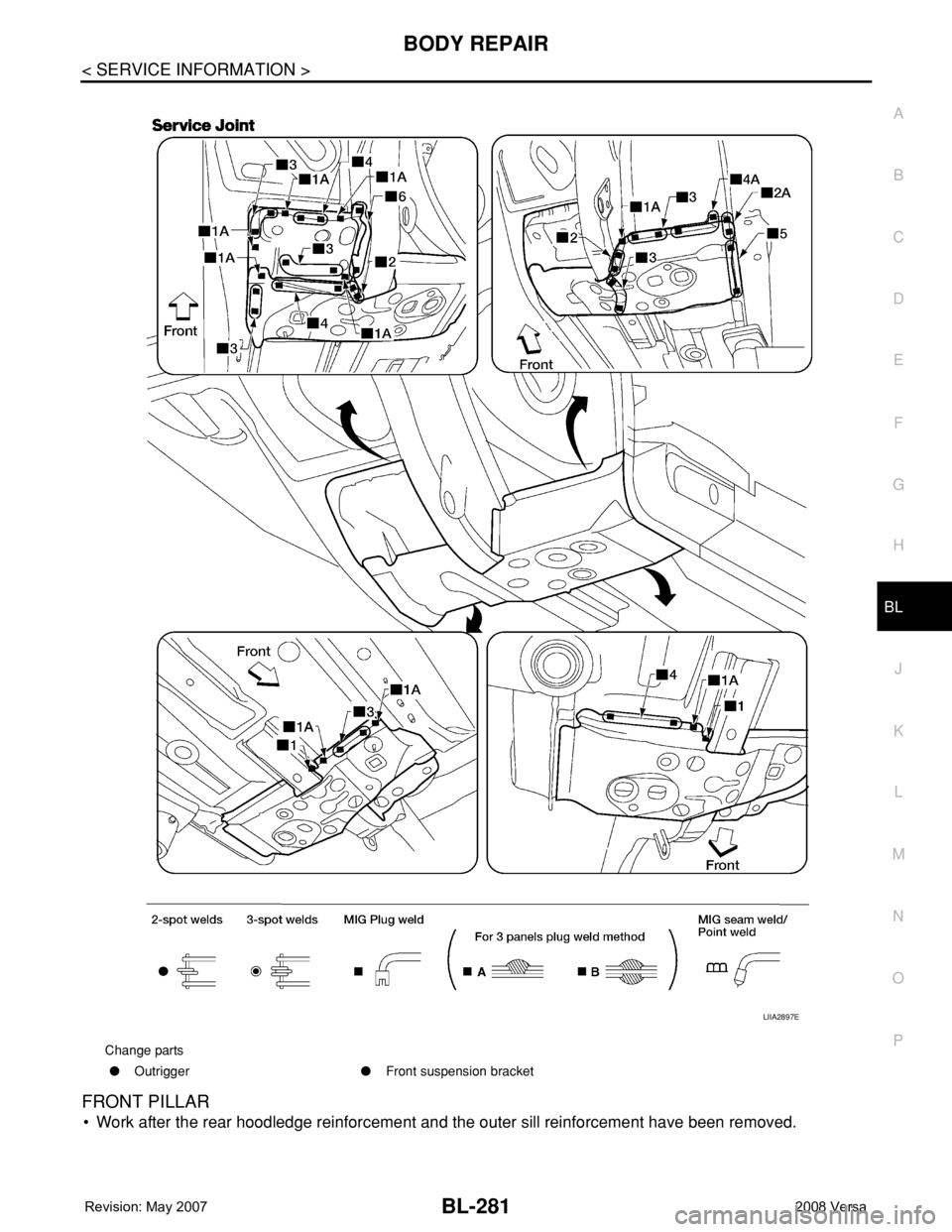 NISSAN TIIDA 2008 Service Repair Manual BODY REPAIR
BL-281
< SERVICE INFORMATION >
C
D
E
F
G
H
J
K
L
MA
B
BL
N
O
P
FRONT PILLAR
• Work after the rear hoodledge reinforcement and the outer sill reinforcement have been removed.
Change parts NISSAN TIIDA 2008 Service Repair Manual BODY REPAIR
BL-281
< SERVICE INFORMATION >
C
D
E
F
G
H
J
K
L
MA
B
BL
N
O
P
FRONT PILLAR
• Work after the rear hoodledge reinforcement and the outer sill reinforcement have been removed.
Change parts
