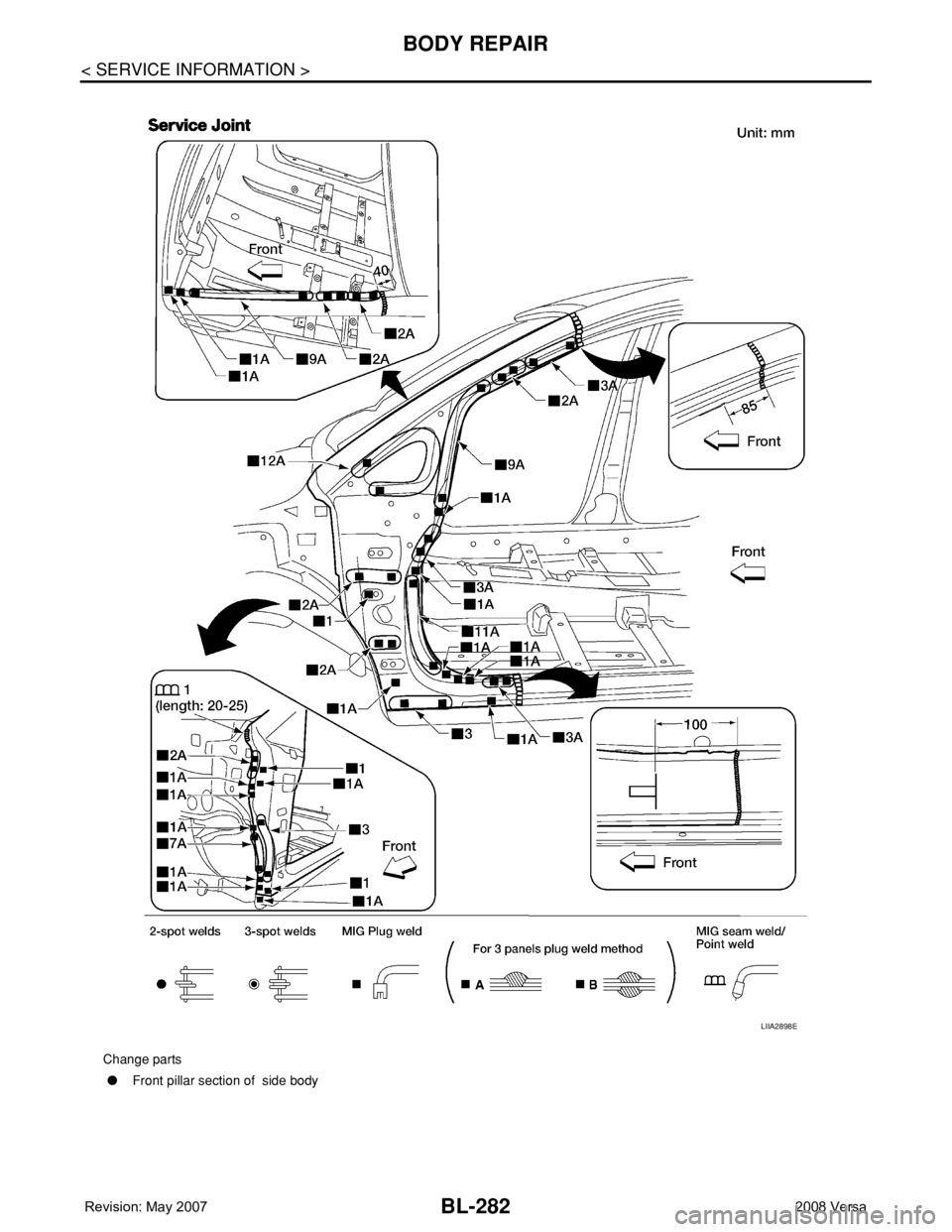 NISSAN TIIDA 2008 Service Repair Manual BL-282
< SERVICE INFORMATION >
BODY REPAIR
Change parts
●Front pillar section of side body
LIIA2898E NISSAN TIIDA 2008 Service Repair Manual BL-282
< SERVICE INFORMATION >
BODY REPAIR
Change parts
●Front pillar section of side body
LIIA2898E