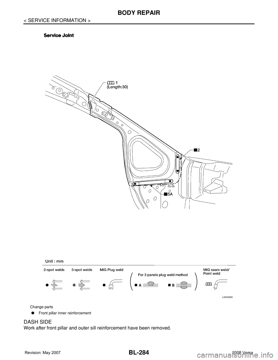 NISSAN TIIDA 2008 Service Repair Manual BL-284
< SERVICE INFORMATION >
BODY REPAIR
DASH SIDE
Work after front pillar and outer sill reinforcement have been removed.
Change parts
●Front pillar inner reinforcement
LIIA2900E NISSAN TIIDA 2008 Service Repair Manual BL-284
< SERVICE INFORMATION >
BODY REPAIR
DASH SIDE
Work after front pillar and outer sill reinforcement have been removed.
Change parts
●Front pillar inner reinforcement
LIIA2900E