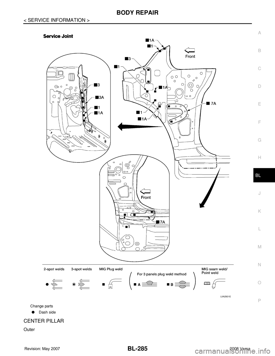 NISSAN TIIDA 2008 Service Repair Manual BODY REPAIR
BL-285
< SERVICE INFORMATION >
C
D
E
F
G
H
J
K
L
MA
B
BL
N
O
P
CENTER PILLAR
Outer
Change parts
●Dash side
LIIA2901E NISSAN TIIDA 2008 Service Repair Manual BODY REPAIR
BL-285
< SERVICE INFORMATION >
C
D
E
F
G
H
J
K
L
MA
B
BL
N
O
P
CENTER PILLAR
Outer
Change parts
●Dash side
LIIA2901E