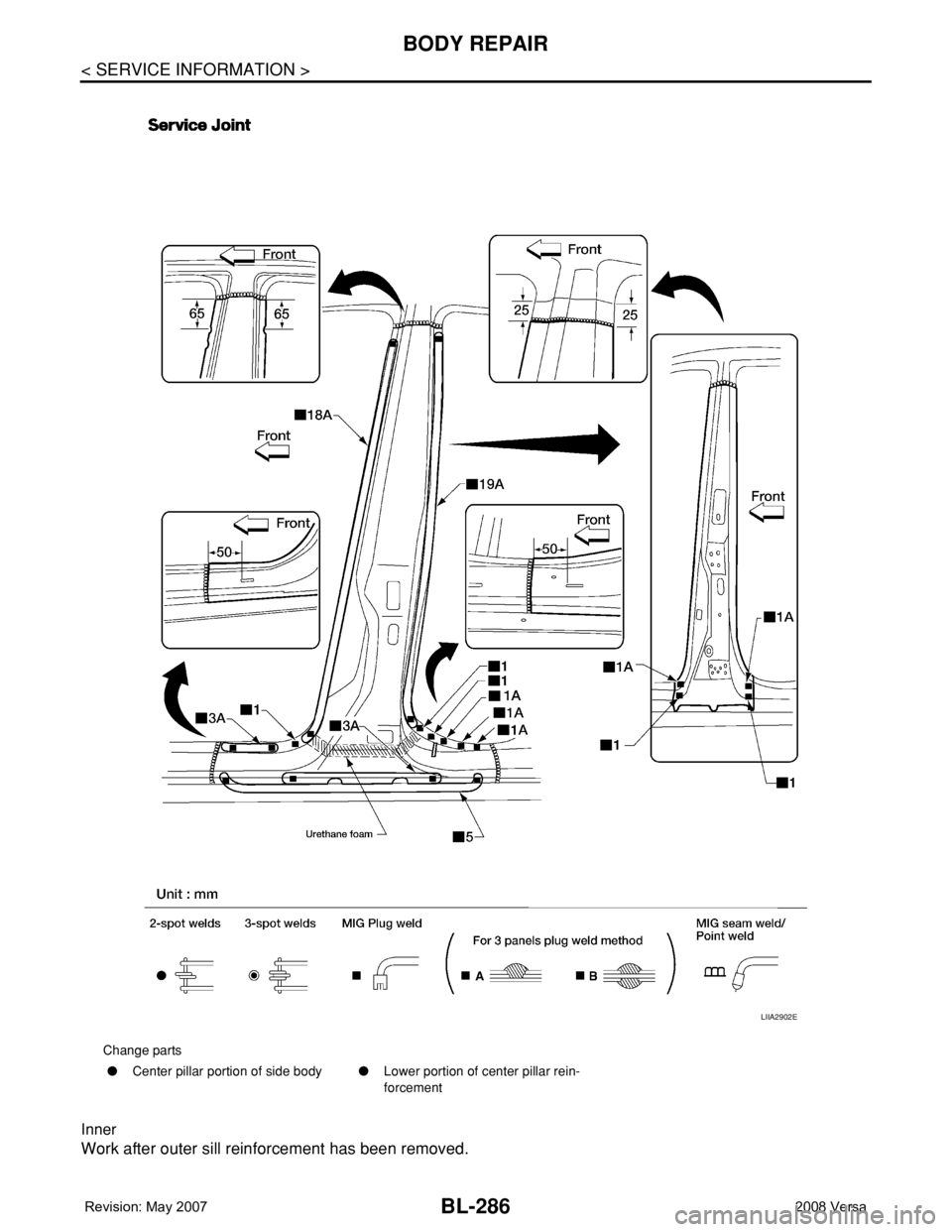 NISSAN TIIDA 2008 Service Repair Manual BL-286
< SERVICE INFORMATION >
BODY REPAIR
Inner
Work after outer sill reinforcement has been removed.
Change parts
●Center pillar portion of side body●Lower portion of center pillar rein-
forceme NISSAN TIIDA 2008 Service Repair Manual BL-286
< SERVICE INFORMATION >
BODY REPAIR
Inner
Work after outer sill reinforcement has been removed.
Change parts
●Center pillar portion of side body●Lower portion of center pillar rein-
forceme