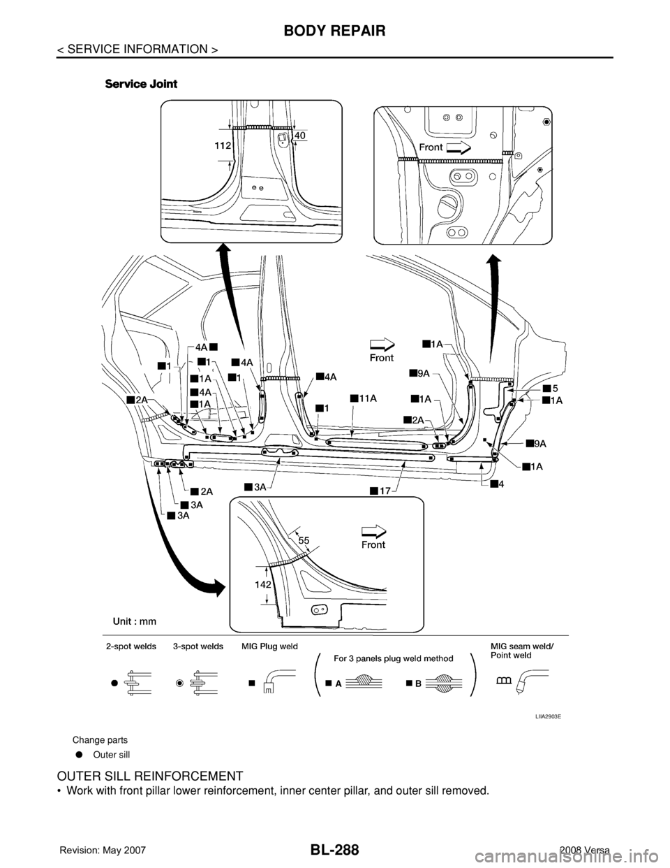 NISSAN TIIDA 2008 Service Repair Manual BL-288
< SERVICE INFORMATION >
BODY REPAIR
OUTER SILL REINFORCEMENT
• Work with front pillar lower reinforcement, inner center pillar, and outer sill removed.
Change parts
●Outer sill
LIIA2903E NISSAN TIIDA 2008 Service Repair Manual BL-288
< SERVICE INFORMATION >
BODY REPAIR
OUTER SILL REINFORCEMENT
• Work with front pillar lower reinforcement, inner center pillar, and outer sill removed.
Change parts
●Outer sill
LIIA2903E
