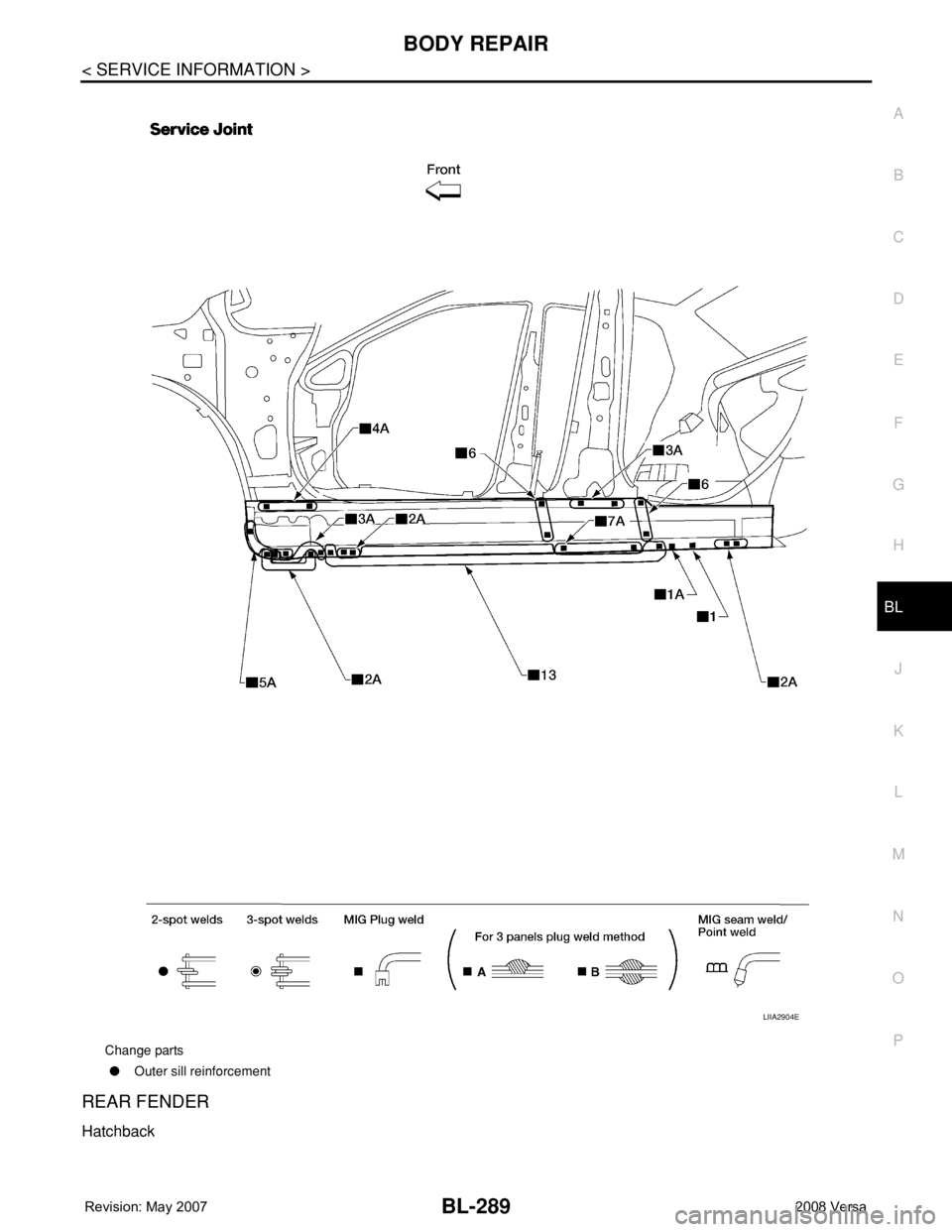NISSAN TIIDA 2008 Service Repair Manual BODY REPAIR
BL-289
< SERVICE INFORMATION >
C
D
E
F
G
H
J
K
L
MA
B
BL
N
O
P
REAR FENDER
Hatchback
Change parts
●Outer sill reinforcement
LIIA2904E NISSAN TIIDA 2008 Service Repair Manual BODY REPAIR
BL-289
< SERVICE INFORMATION >
C
D
E
F
G
H
J
K
L
MA
B
BL
N
O
P
REAR FENDER
Hatchback
Change parts
●Outer sill reinforcement
LIIA2904E