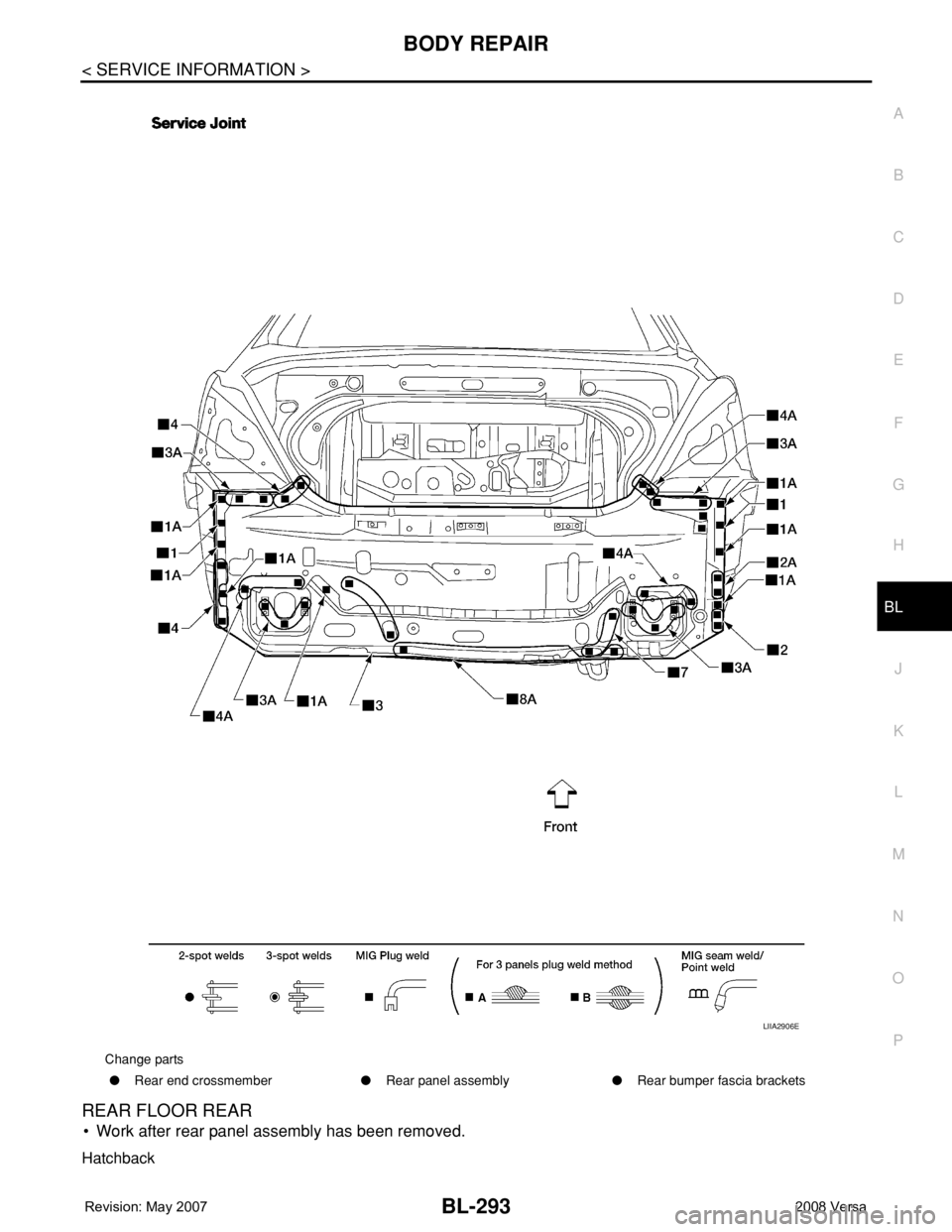 NISSAN TIIDA 2008 Service Repair Manual BODY REPAIR
BL-293
< SERVICE INFORMATION >
C
D
E
F
G
H
J
K
L
MA
B
BL
N
O
P
REAR FLOOR REAR
• Work after rear panel assembly has been removed.
Hatchback
Change parts
●Rear end crossmember●Rear pa NISSAN TIIDA 2008 Service Repair Manual BODY REPAIR
BL-293
< SERVICE INFORMATION >
C
D
E
F
G
H
J
K
L
MA
B
BL
N
O
P
REAR FLOOR REAR
• Work after rear panel assembly has been removed.
Hatchback
Change parts
●Rear end crossmember●Rear pa
