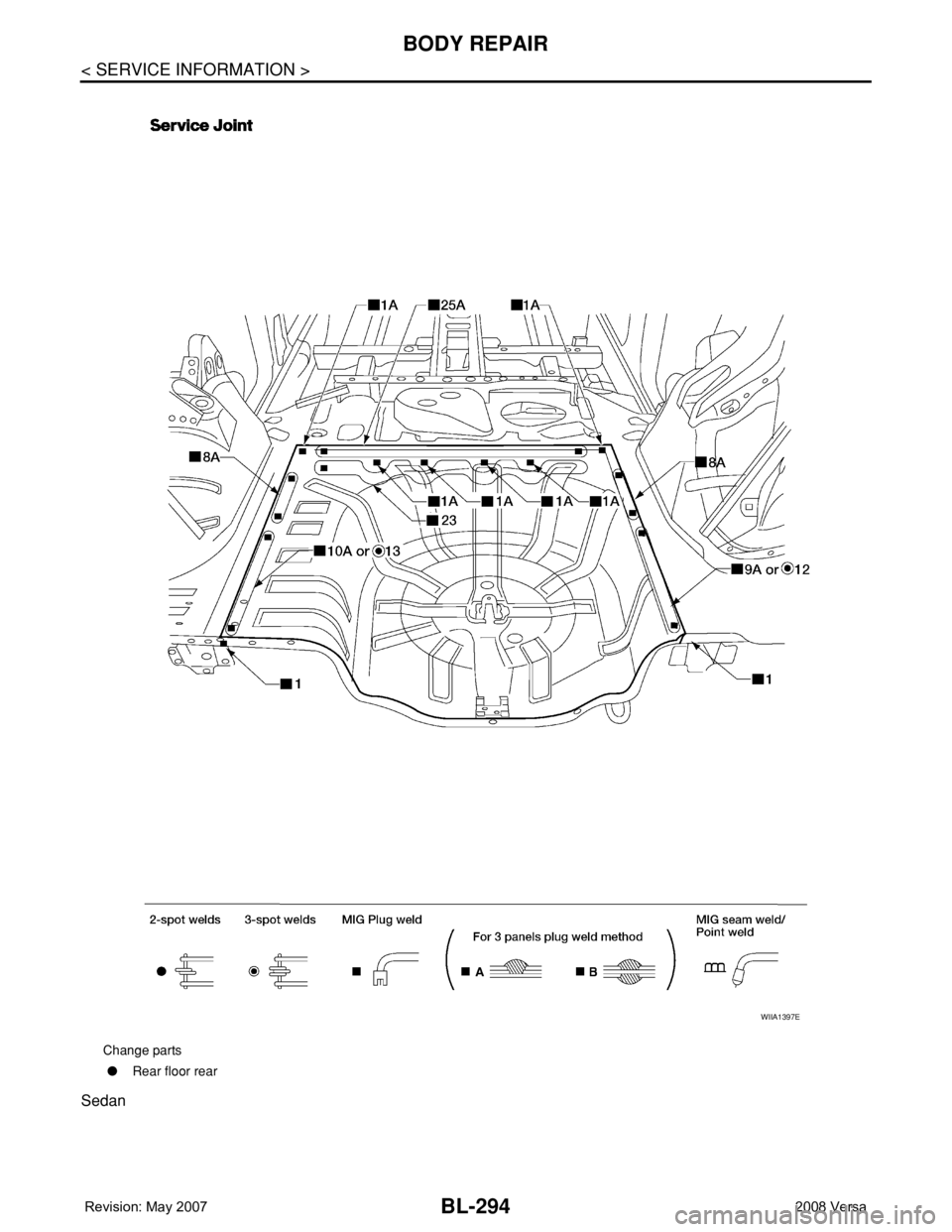 NISSAN TIIDA 2008 Service Repair Manual BL-294
< SERVICE INFORMATION >
BODY REPAIR
Sedan
Change parts
●Rear floor rear
WIIA1397E NISSAN TIIDA 2008 Service Repair Manual BL-294
< SERVICE INFORMATION >
BODY REPAIR
Sedan
Change parts
●Rear floor rear
WIIA1397E