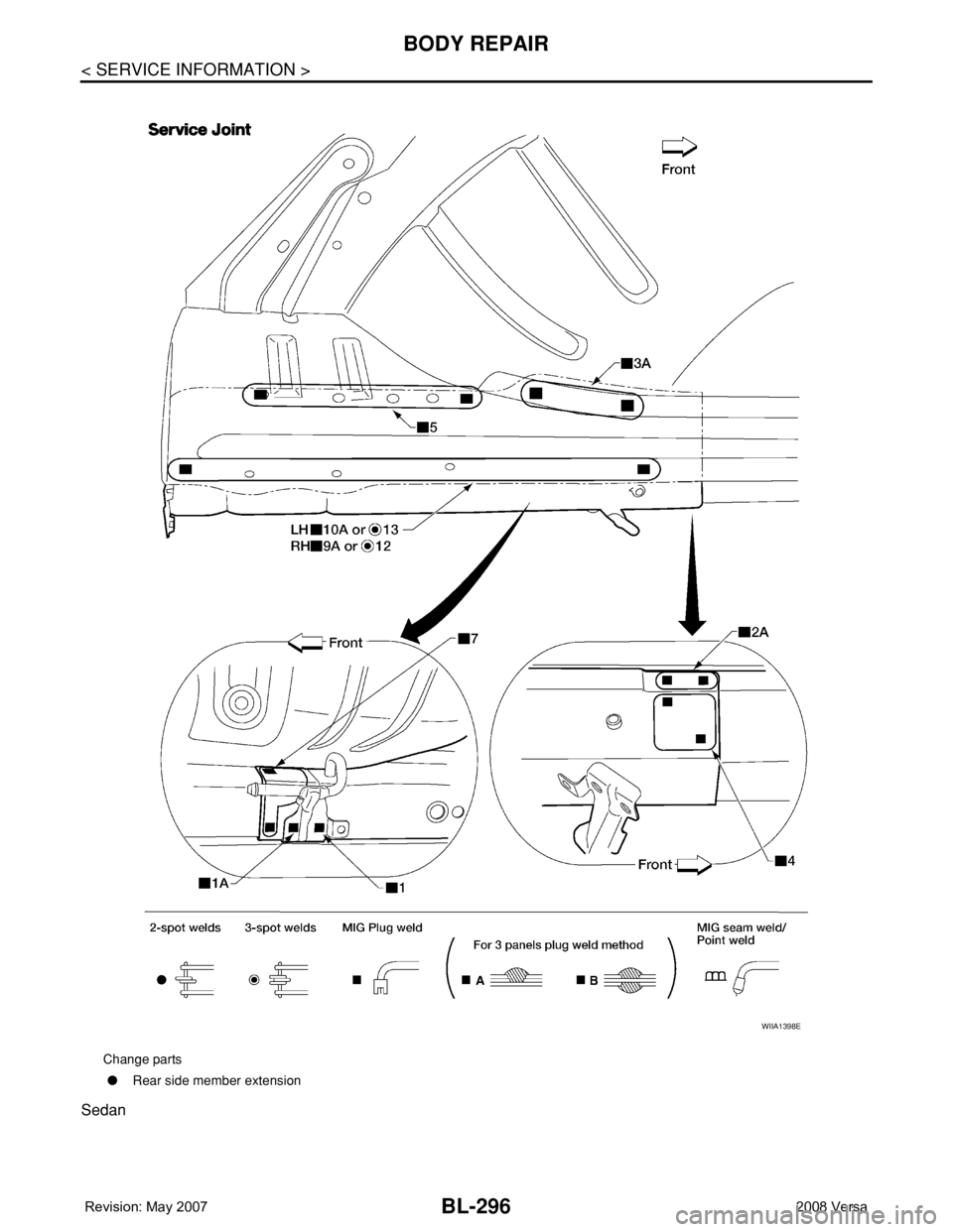 NISSAN TIIDA 2008 Service Repair Manual BL-296
< SERVICE INFORMATION >
BODY REPAIR
Sedan
Change parts
●Rear side member extension
WIIA1398E NISSAN TIIDA 2008 Service Repair Manual BL-296
< SERVICE INFORMATION >
BODY REPAIR
Sedan
Change parts
●Rear side member extension
WIIA1398E