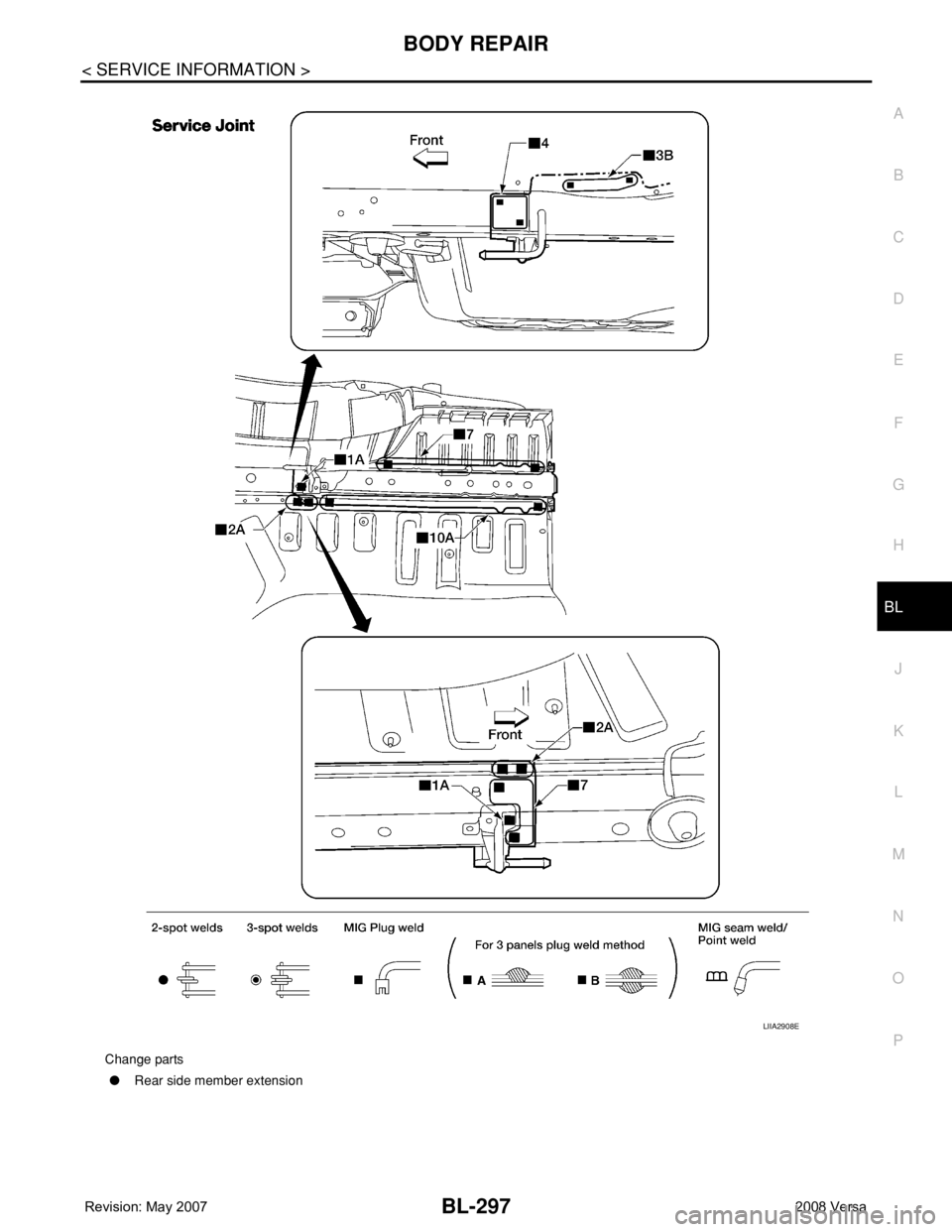 NISSAN TIIDA 2008 Service Repair Manual BODY REPAIR
BL-297
< SERVICE INFORMATION >
C
D
E
F
G
H
J
K
L
MA
B
BL
N
O
P
Change parts
●Rear side member extension
LIIA2908E NISSAN TIIDA 2008 Service Repair Manual BODY REPAIR
BL-297
< SERVICE INFORMATION >
C
D
E
F
G
H
J
K
L
MA
B
BL
N
O
P
Change parts
●Rear side member extension
LIIA2908E