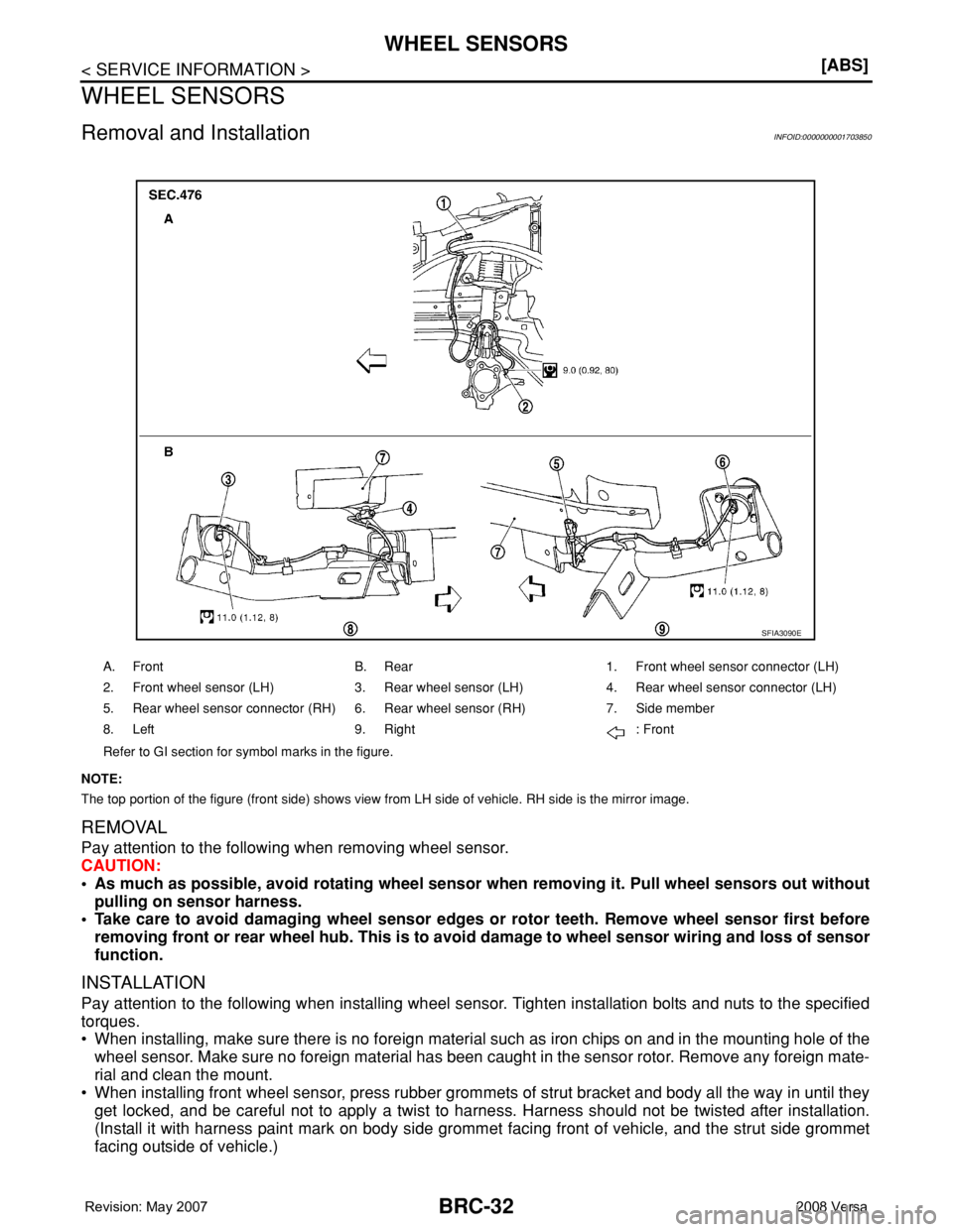 NISSAN TIIDA 2008  Service Repair Manual BRC-32
< SERVICE INFORMATION >[ABS]
WHEEL SENSORS
WHEEL SENSORS
Removal and InstallationINFOID:0000000001703850
NOTE:
The top portion of the figure (front side) shows view from LH side of vehicle. RH 