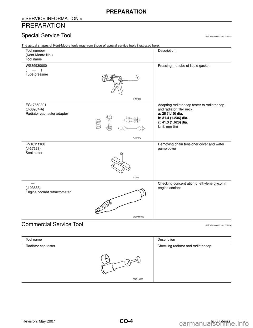 NISSAN TIIDA 2008  Service Repair Manual CO-4
< SERVICE INFORMATION >
PREPARATION
PREPARATION
Special Service ToolINFOID:0000000001702525
The actual shapes of Kent-Moore tools may from those of special service tools illustrated here.
Commerc