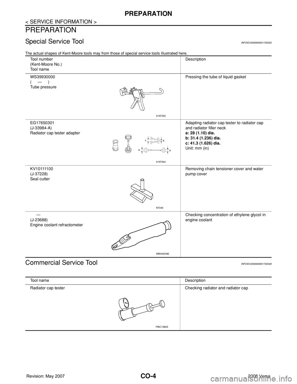 NISSAN TIIDA 2008 Service Repair Manual CO-4
< SERVICE INFORMATION >
PREPARATION
PREPARATION
Special Service ToolINFOID:0000000001702525
The actual shapes of Kent-Moore tools may from those of special service tools illustrated here.
Commerc NISSAN TIIDA 2008 Service Repair Manual CO-4
< SERVICE INFORMATION >
PREPARATION
PREPARATION
Special Service ToolINFOID:0000000001702525
The actual shapes of Kent-Moore tools may from those of special service tools illustrated here.
Commerc