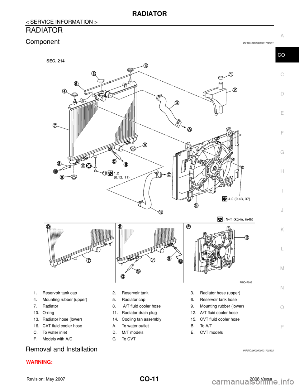 NISSAN TIIDA 2008 Service Repair Manual RADIATOR
CO-11
< SERVICE INFORMATION >
C
D
E
F
G
H
I
J
K
L
MA
CO
N
P O
RADIATOR
ComponentINFOID:0000000001702531
Removal and InstallationINFOID:0000000001702532
WARNING:
1. Reservoir tank cap 2. Reser NISSAN TIIDA 2008 Service Repair Manual RADIATOR
CO-11
< SERVICE INFORMATION >
C
D
E
F
G
H
I
J
K
L
MA
CO
N
P O
RADIATOR
ComponentINFOID:0000000001702531
Removal and InstallationINFOID:0000000001702532
WARNING:
1. Reservoir tank cap 2. Reser