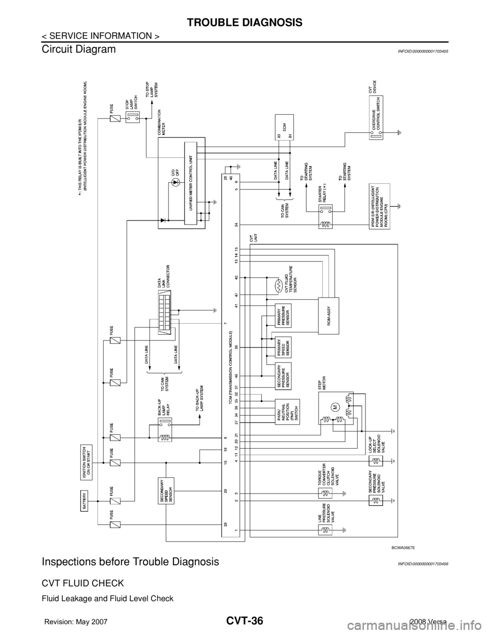 NISSAN TIIDA 2008 Service Repair Manual CVT-36
< SERVICE INFORMATION >
TROUBLE DIAGNOSIS
Circuit Diagram
INFOID:0000000001703455
Inspections before Trouble DiagnosisINFOID:0000000001703456
CVT FLUID CHECK
Fluid Leakage and Fluid Level Check NISSAN TIIDA 2008 Service Repair Manual CVT-36
< SERVICE INFORMATION >
TROUBLE DIAGNOSIS
Circuit Diagram
INFOID:0000000001703455
Inspections before Trouble DiagnosisINFOID:0000000001703456
CVT FLUID CHECK
Fluid Leakage and Fluid Level Check