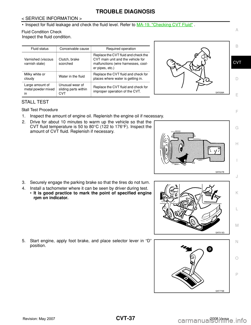 NISSAN TIIDA 2008 Service Repair Manual TROUBLE DIAGNOSIS
CVT-37
< SERVICE INFORMATION >
D
E
F
G
H
I
J
K
L
MA
B
CVT
N
O
P
• Inspect for fluid leakage and check the fluid level. Refer to MA-19, "Checking CVT Fluid" .
Fluid Conditio NISSAN TIIDA 2008 Service Repair Manual TROUBLE DIAGNOSIS
CVT-37
< SERVICE INFORMATION >
D
E
F
G
H
I
J
K
L
MA
B
CVT
N
O
P
• Inspect for fluid leakage and check the fluid level. Refer to MA-19, "Checking CVT Fluid" .
Fluid Conditio
