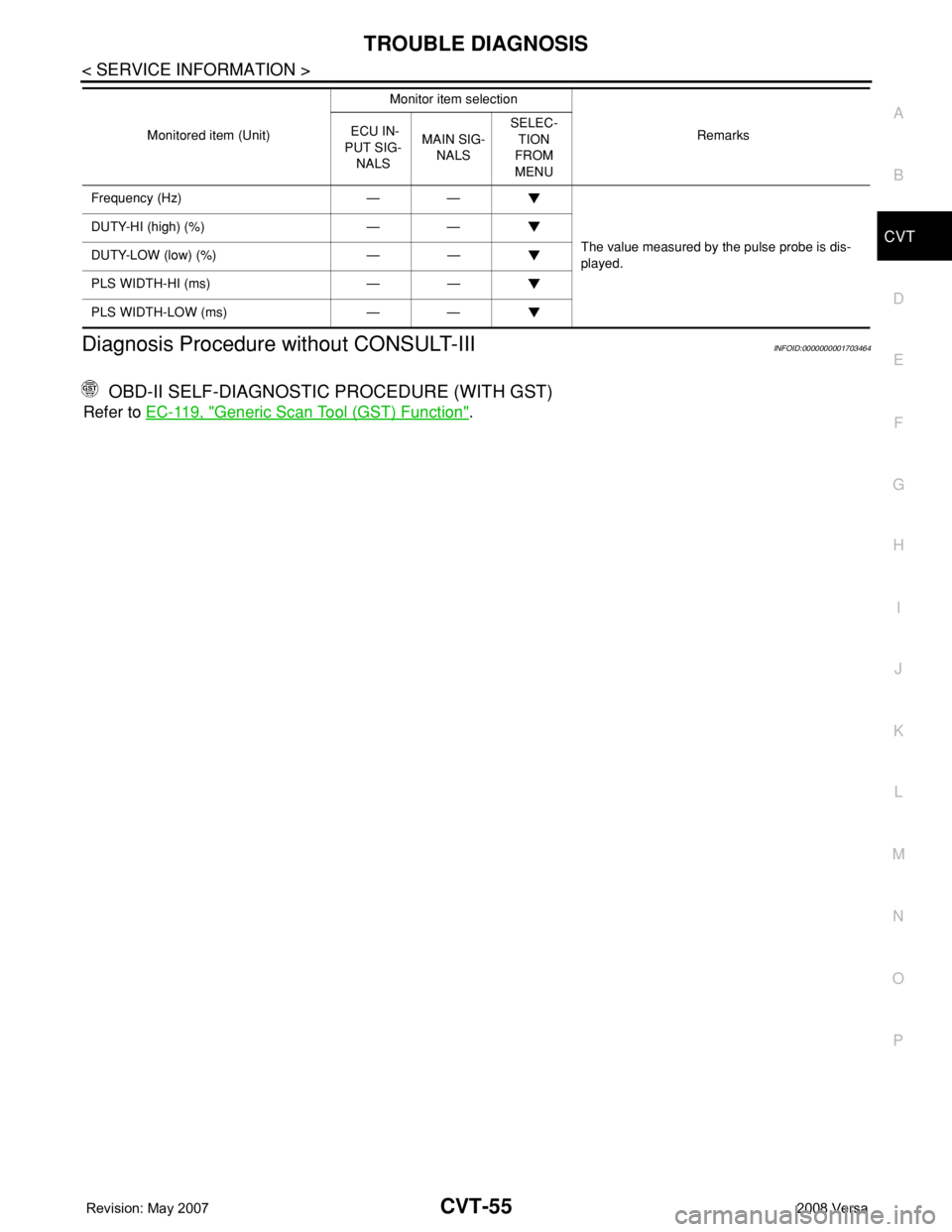 NISSAN TIIDA 2008  Service Repair Manual TROUBLE DIAGNOSIS
CVT-55
< SERVICE INFORMATION >
D
E
F
G
H
I
J
K
L
MA
B
CVT
N
O
P
Diagnosis Procedure without CONSULT-IIIINFOID:0000000001703464
 OBD-II SELF-DIAGNOSTIC PROCEDURE (WITH GST)
Refer to E