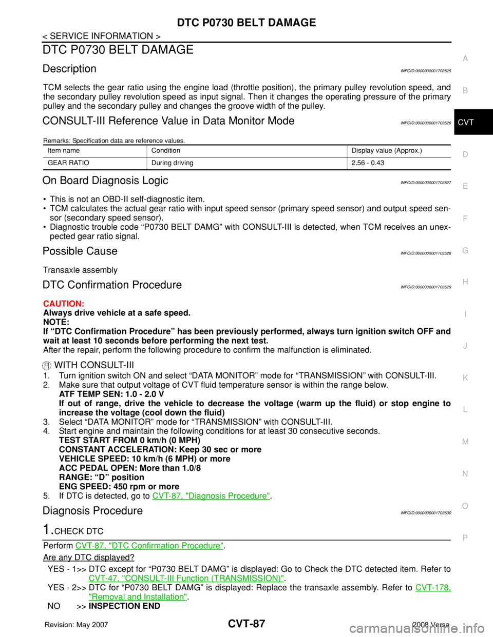 NISSAN TIIDA 2008  Service Repair Manual DTC P0730 BELT DAMAGE
CVT-87
< SERVICE INFORMATION >
D
E
F
G
H
I
J
K
L
MA
B
CVT
N
O
P
DTC P0730 BELT DAMAGE
DescriptionINFOID:0000000001703525
TCM selects the gear ratio using the engine load (throttl